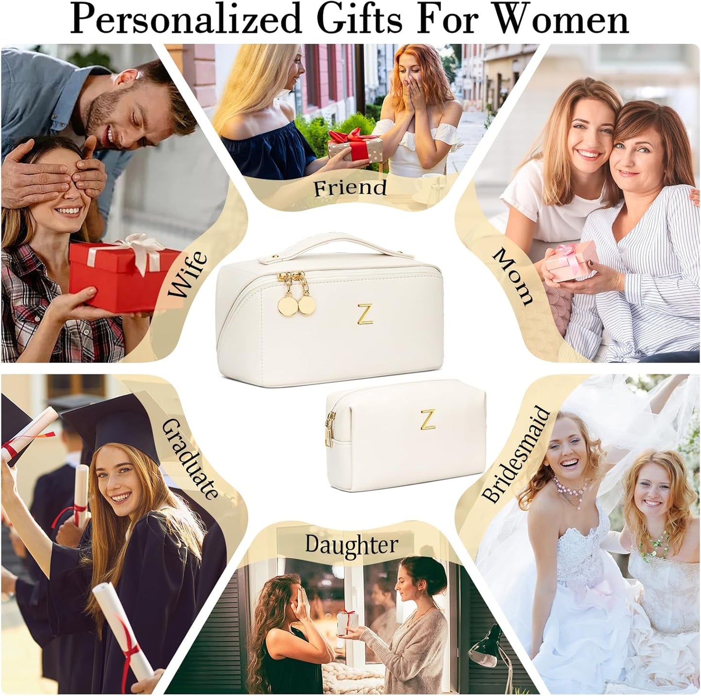 Birthday Gifts for Women Teen Girl, Personalized Initial Makeup Organizer Bag Set, Open Flat Travel Cosmetic Bag With Clear Divider and Handle(Beige,Z)