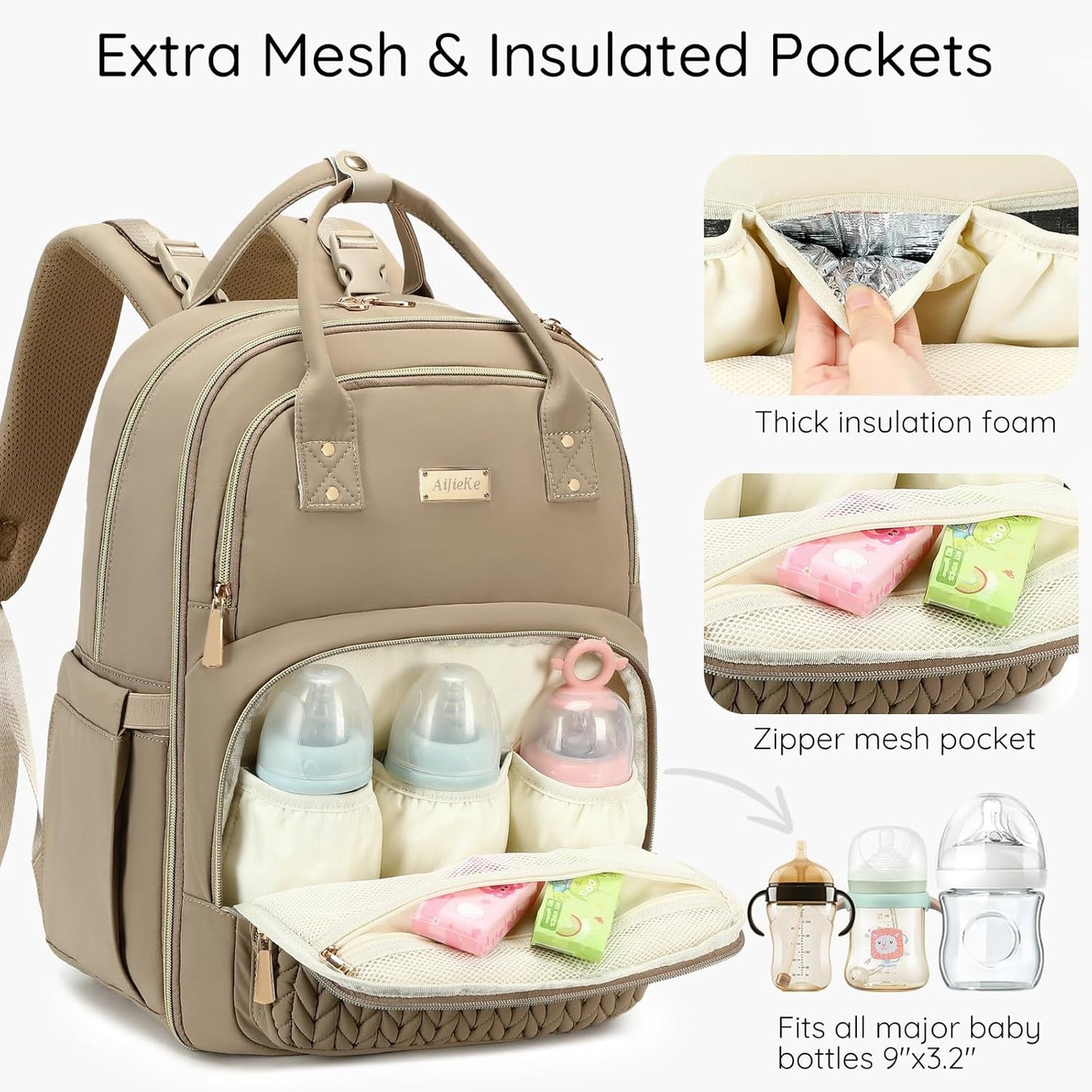 Diaper Bag Backpack - Large Multi functional, Boys, Girls & Baby Travel Essentials Tote with Changing Pad, Insulated Pockets, Stroller Straps, Waterproof - Diaper Bag for Mom & Maternity (Brown Taupe)