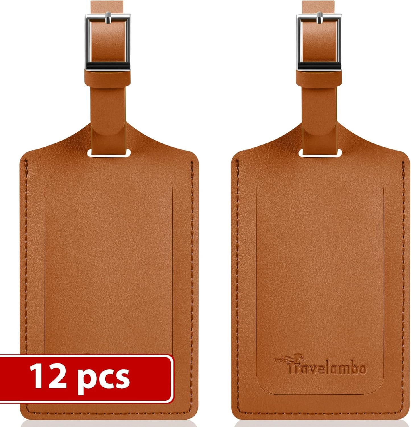 Travelambo Luggage Tags for Suitcases Faux Leather Privacy Protection 12 Pack Bag Tags Travel Accessories Essential, Yellowish Brown