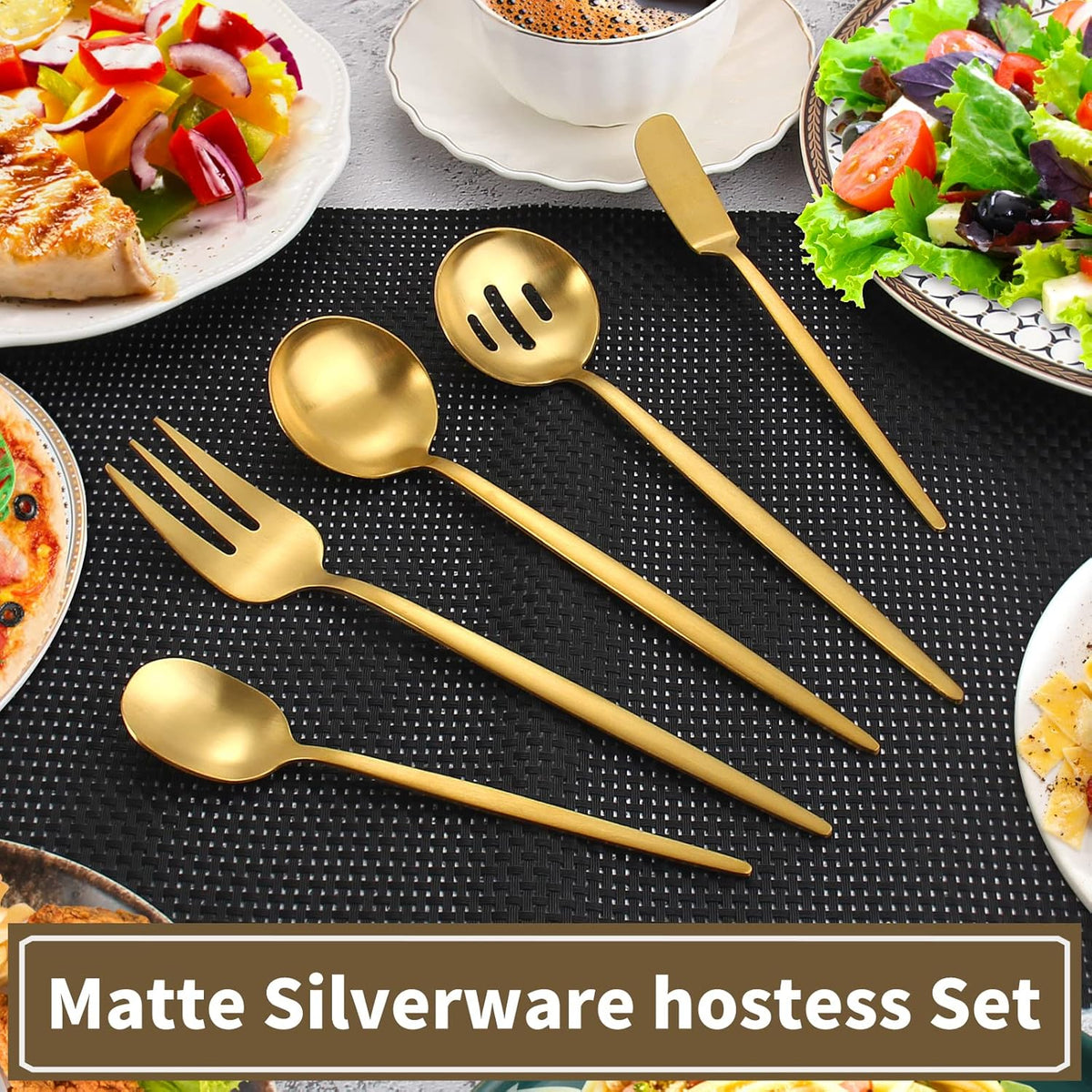 Matte Gold Serving Silverware Set, 5-Piece Round Shared Utensils Set of Stainless Steel, Hostess Flatware Serving Set, Satin Finish, Dishwasher Safe