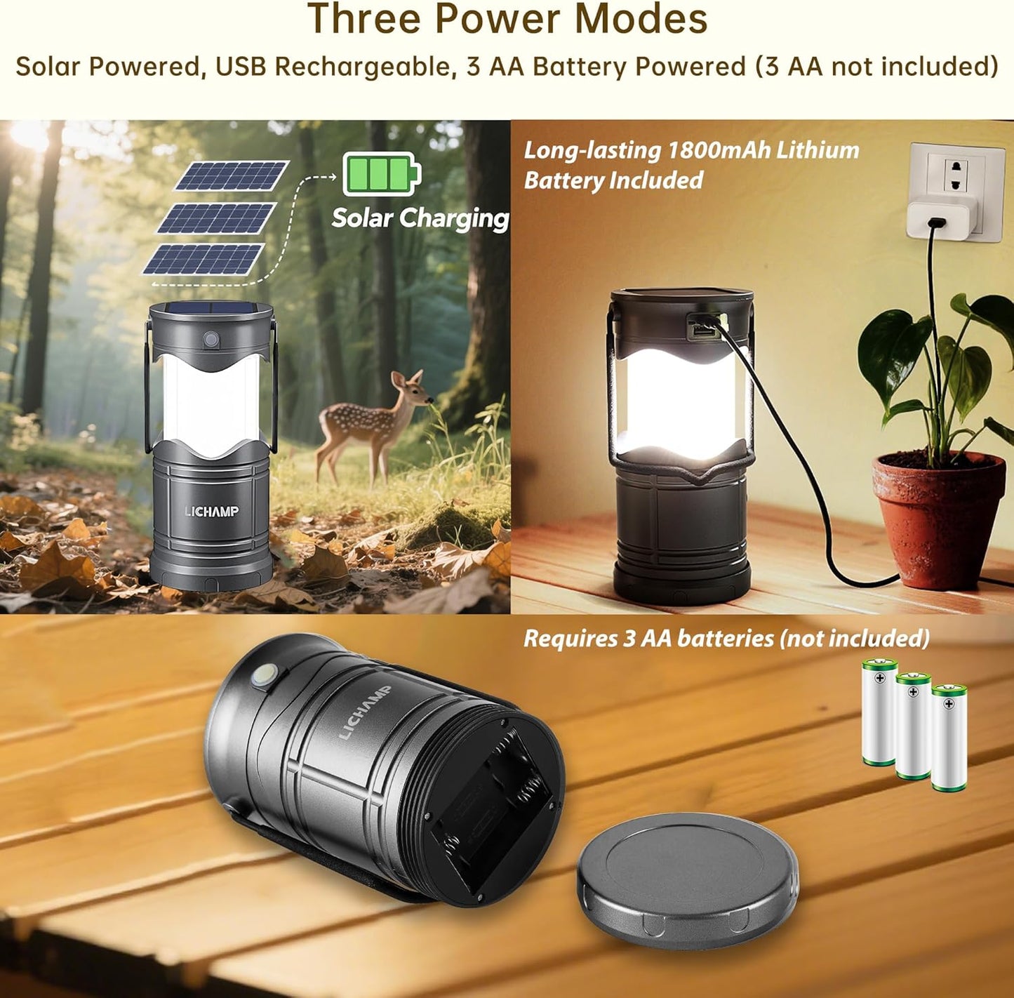 Lichamp 2-Pack Solar Camping Lantern, USB Rechargeable LED Lanterns Battery Powered Pop Up Flashlight Lamps with Three Modes Power for Power Outages Hurricane Supplies Emergency Indoor & Outdoor