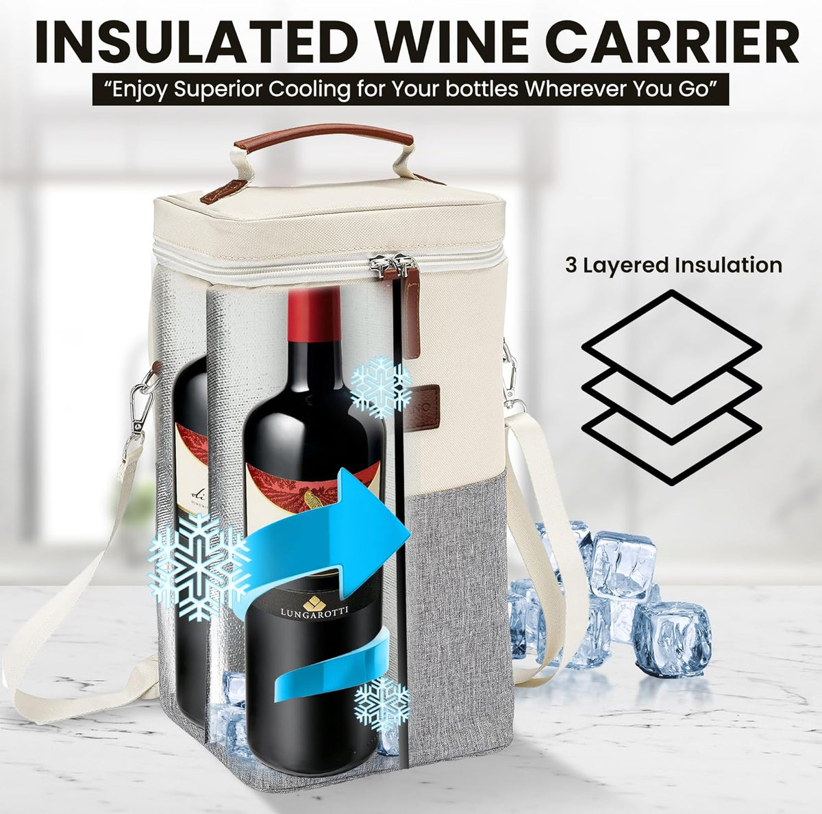 Insulated Wine Bag Cooler – Beige and Gray, Holds 4 Bottles, Wine Opener, Shoulder Strap, Expandable Zipper, 7.8 x 5 x 15 inches, Perfect for Travel & Picnic