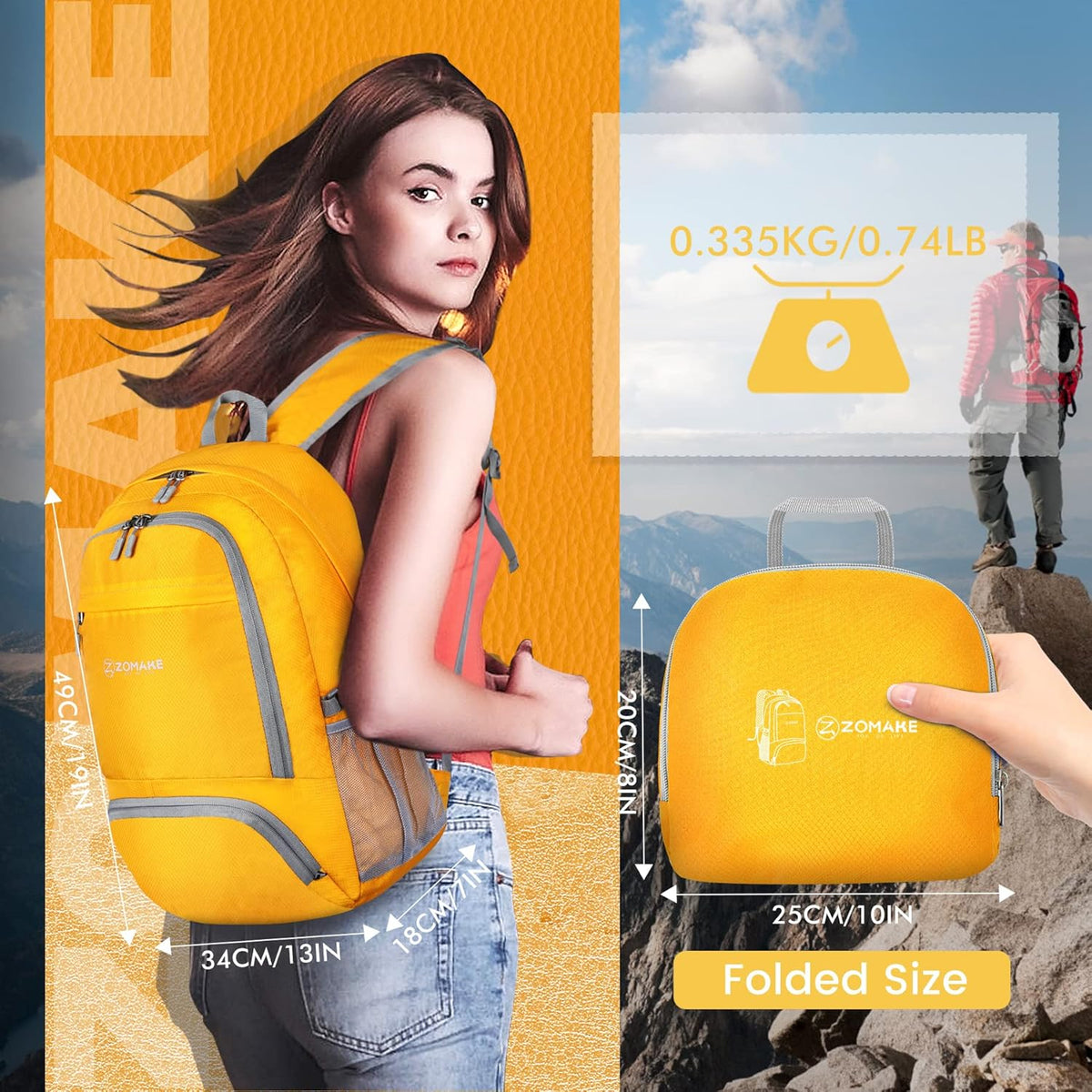 ZOMAKE Lightweight Packable Backpack 30L, Foldable Hiking Backpacks Water Resistant Compact Folding Daypack for Travel(Yellow)