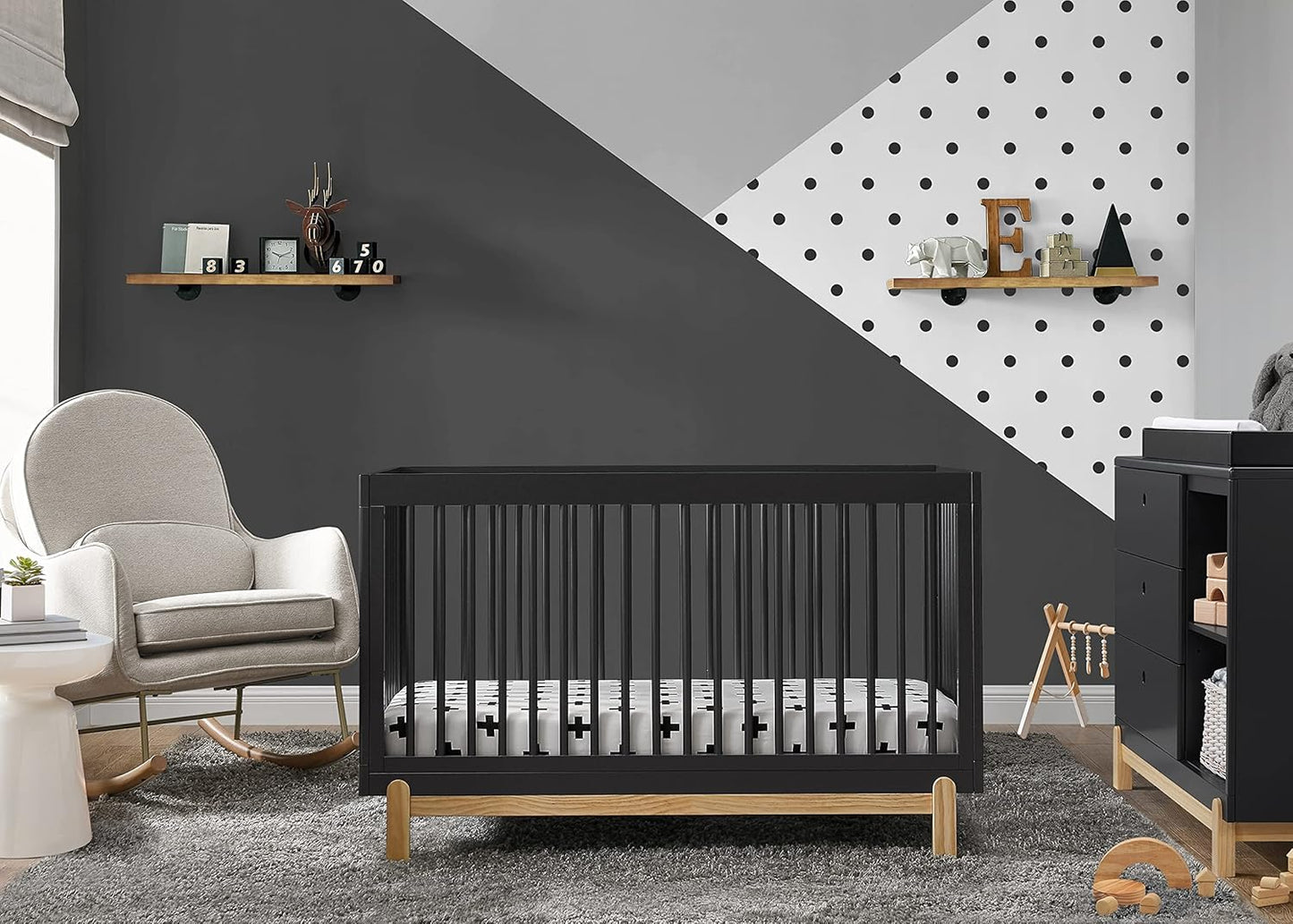 Delta Children Poppy 6-Piece Baby Nursery Furniture SetIncludes: Convertible Crib, Dresser, Changing Top, Mattress, Sheets, & Changing Pad, Midnight Grey w/Natural
