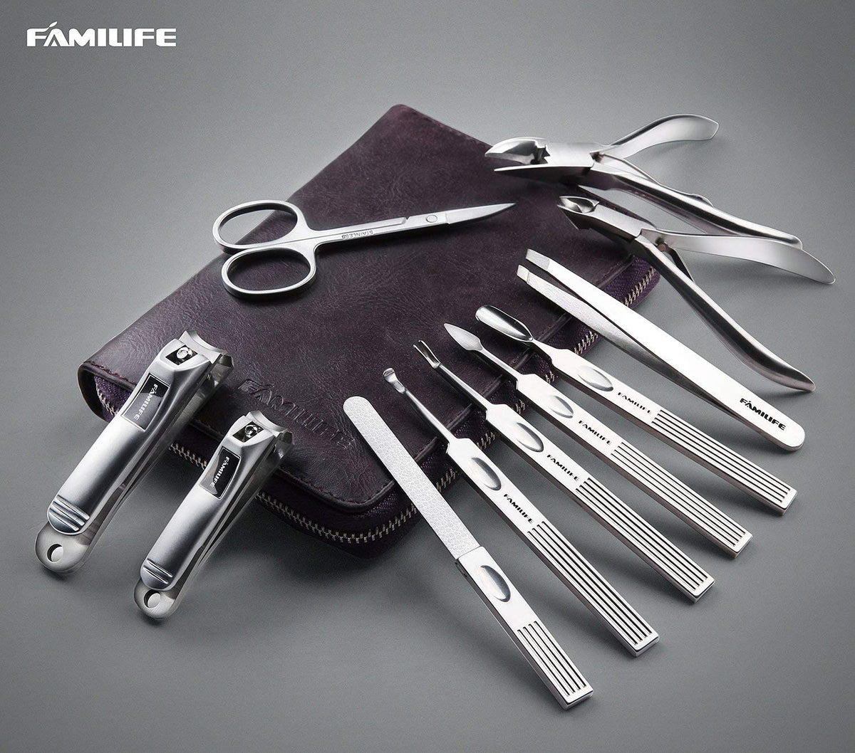FAMILIFE Manicure Set, Nail Clippers Set Professional Manicure Kit 11 in 1 Stainless Steel Pedicure Tools Nail Kit Mens Grooming Tool with Portable Leather Travel Case Dark Violet Birthday Gifts