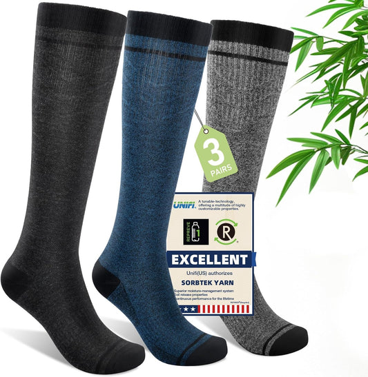 Mens Compression Socks for Men Women, 15-20 mmHg Bamboo Viscose Knee High Soft Support for Travel Daily