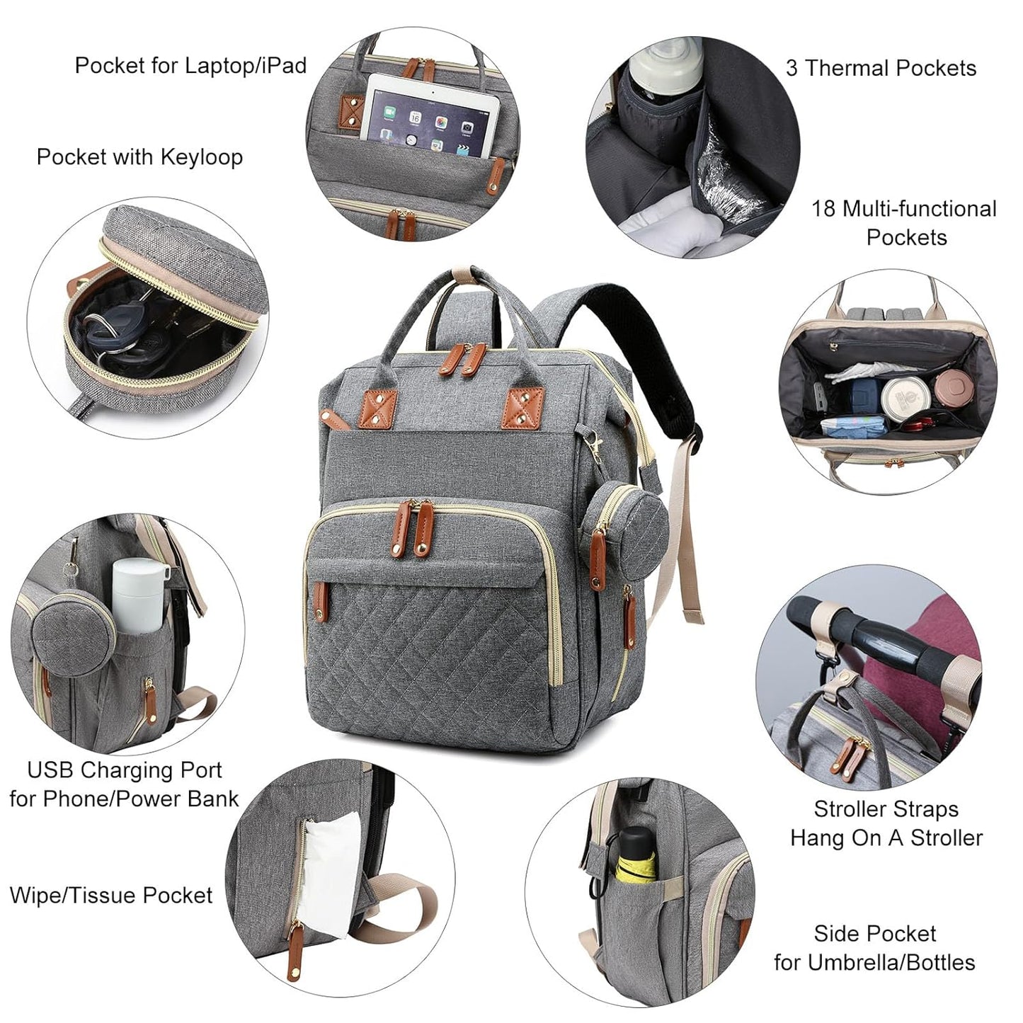 Diaper Bag, Backpack with Changing Station, Waterproof Baby Bag for Boys & Girls, USB Charging Port for Parents, Travel Backpack Baby Essentials & Lovely Baby Shower Gifts, Grey