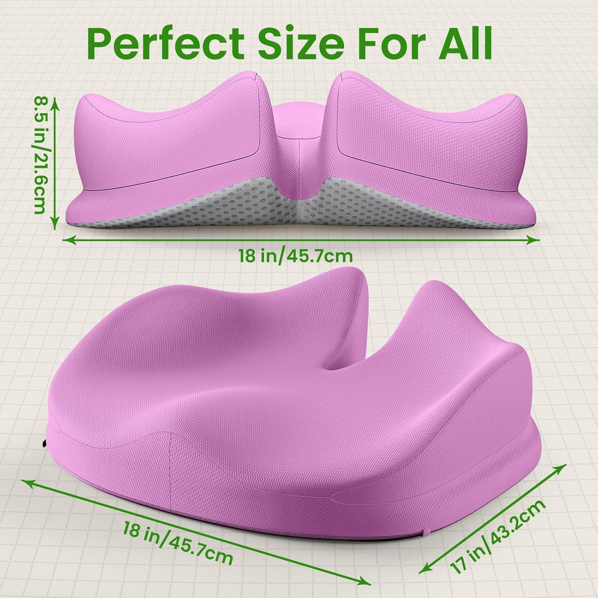 Benazcap Large Seat Cushion for Office Chair Memory Foam Coccyx Pain Relief Cushion Pillow for Back Support Non-Slip Seat Pad for Office Desk, Car Seat, Wheelchair, Sciatica-Pink