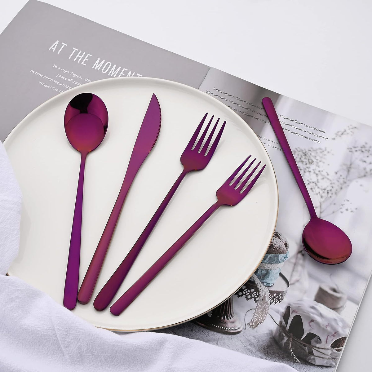 20 Pieces Silverware Set 304 Stainless Steel, Healthy & Eco-Friendly Silver Travel Mirror Polished Purple Knife Fork Spoon Salad Fork Dessert Spoon Flatware Set, Service for 4