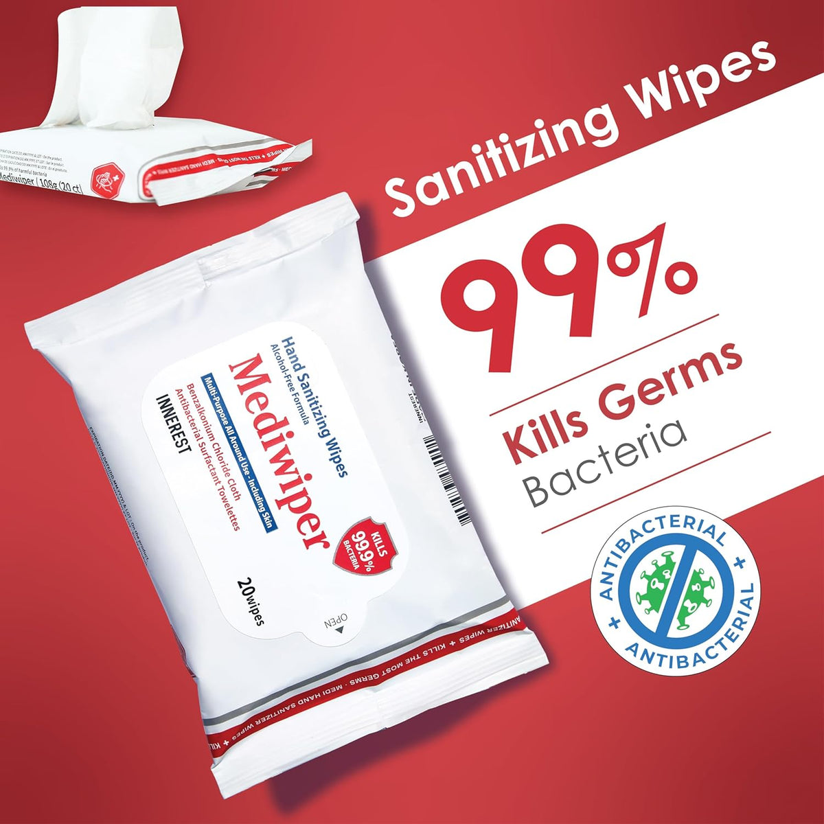 MEDIWIPER 80ct Alcohol-Free Hand Sanitizing Wipes Unscnted Antibacterial Wet Wipe, Hand Sanitizer (160 Wipes (80 * 2))