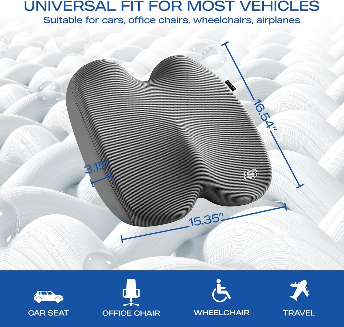 Skechers Memory Foam Seat Cushion,Ribbed Fabric Office Chair Cushion for Tailbone Pain Relief,Butt Pillow for Office Chair,Car Seat Cushion,Long Sitting Office Workers,and Car Drivers,Gray