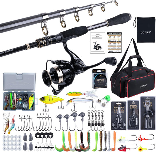 Goture Fishing Rod and Reel Combo - Carbon Fiber Telescopic Fishing Pole - Spinning Reel 9+1 Shielded Bearings Stainless Steel BB - A