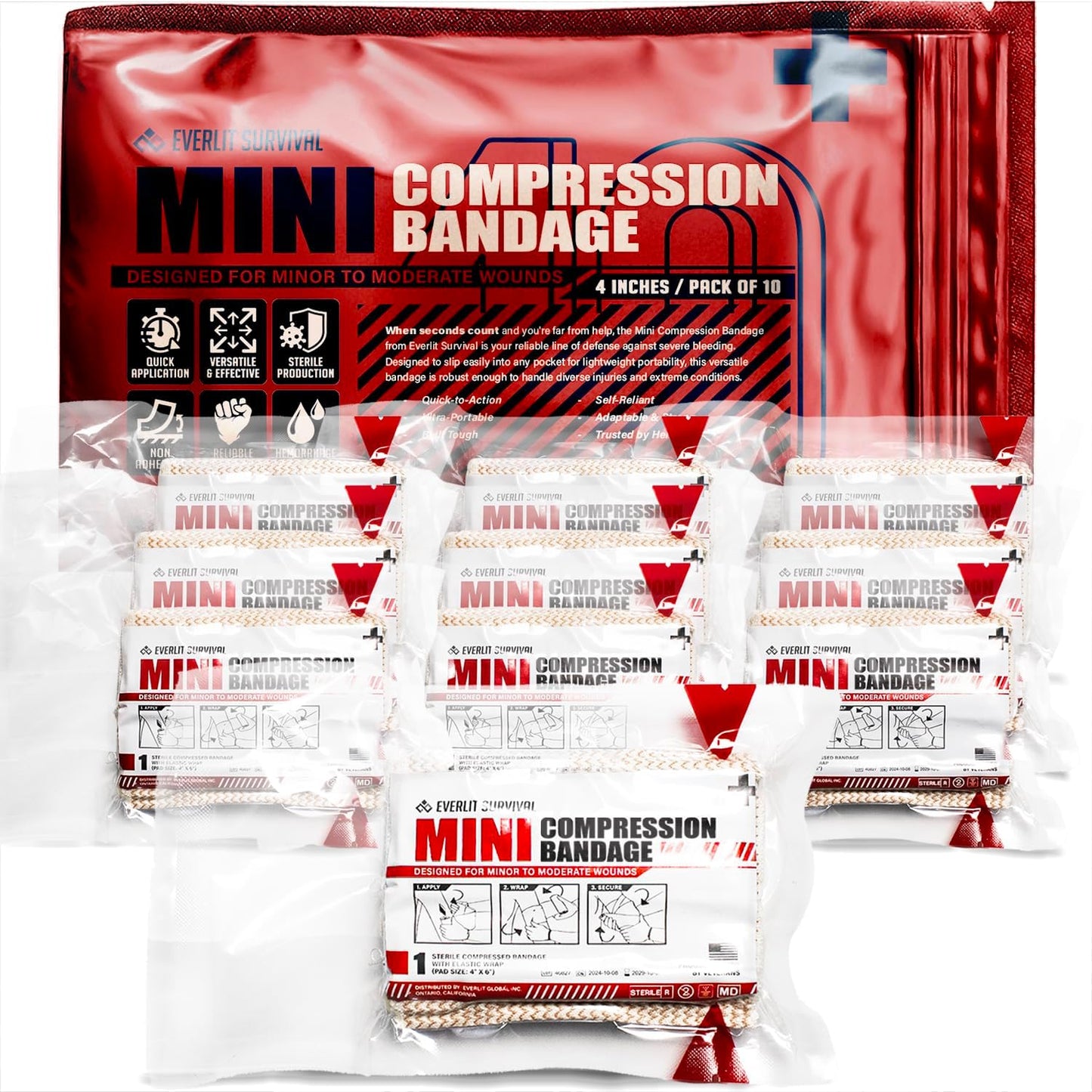 EVERLIT Mini 4 x 6 Inch Emergency Bandage Compression Trauma Pressure Wound Dressing Sterile Vacuum-Sealed for Bleeding Control, Gun Shot, Medical Kit, First Aid IFAK (10)