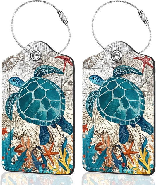 2Pack Luggage Tags for Suitcases, Cute Unique Pu Leather Cruise Luggage Tag with Privacy Cover ID Label Address Card and Metal Ring Suitable for Women Men Kids Travel Bag Retro Map Turtle