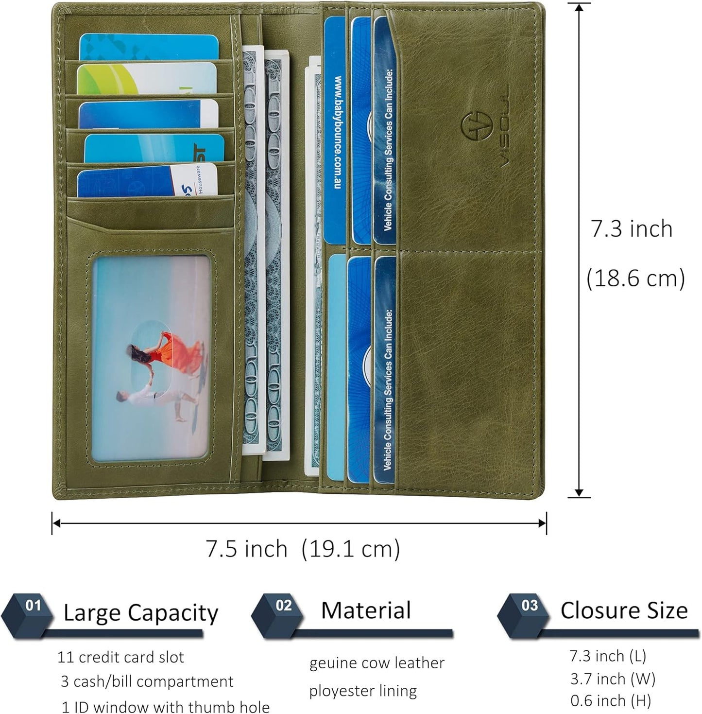 VISOUL Mens Long Bifold Checkbook Wallets Genuine Leather, Tall Checkbook RFID Wallets with Multi Card Pocket for Men (Olive Green)