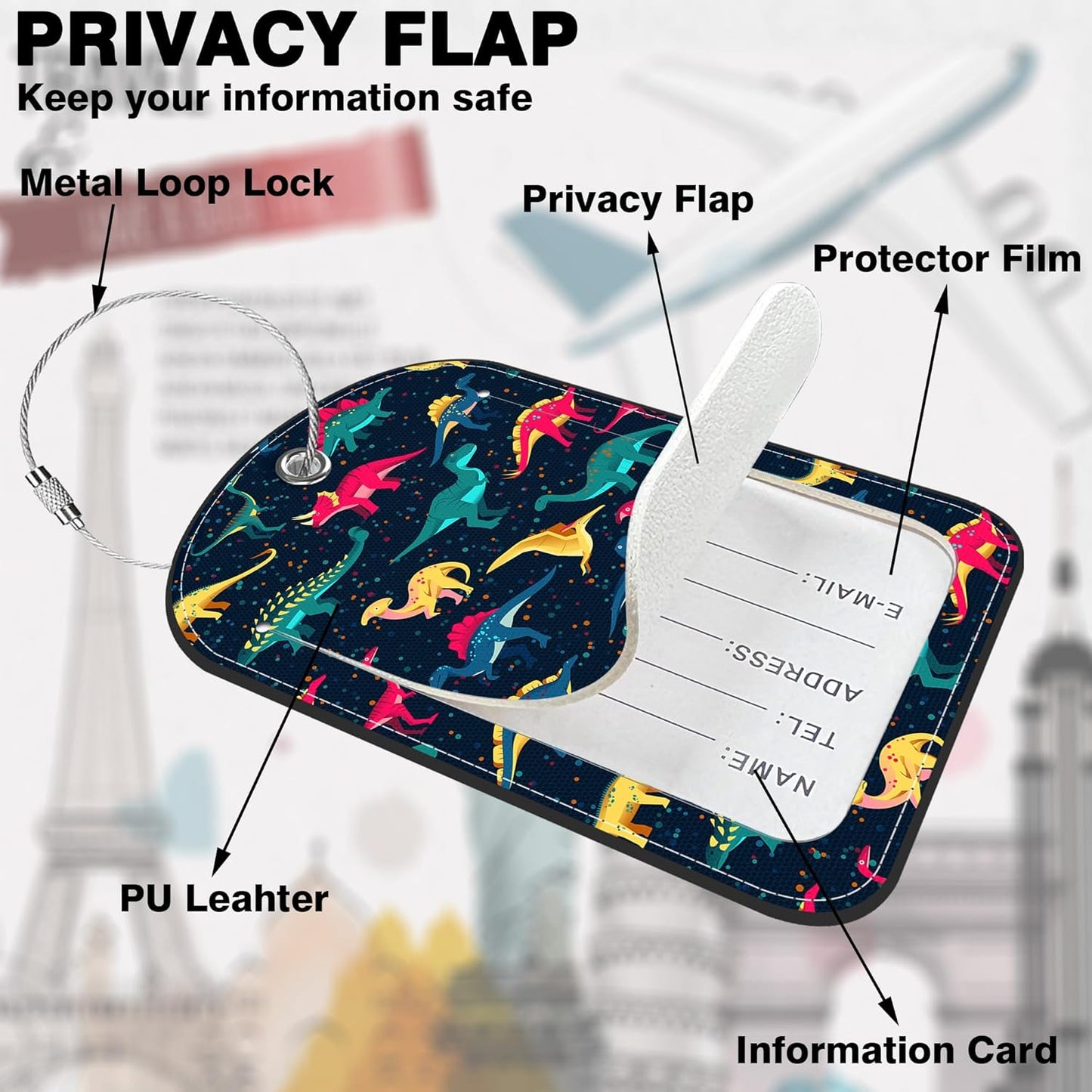Colorful Dinosaur Leather Luggage Tag for Suitcase 2 Pack Luggage Tag with Privacy Name ID Label and Stainless Steel Loop for Travel Bag Suitcase