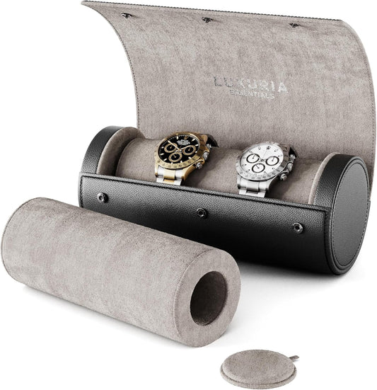 Watch Roll Travel Case for 2 Watches | Hidden Jewelry Storage Compartment, Genuine Leather Watch Roll with Dust Bags & Cleaning Cloth | Fits Men's Wrist Watches & Smartwatches