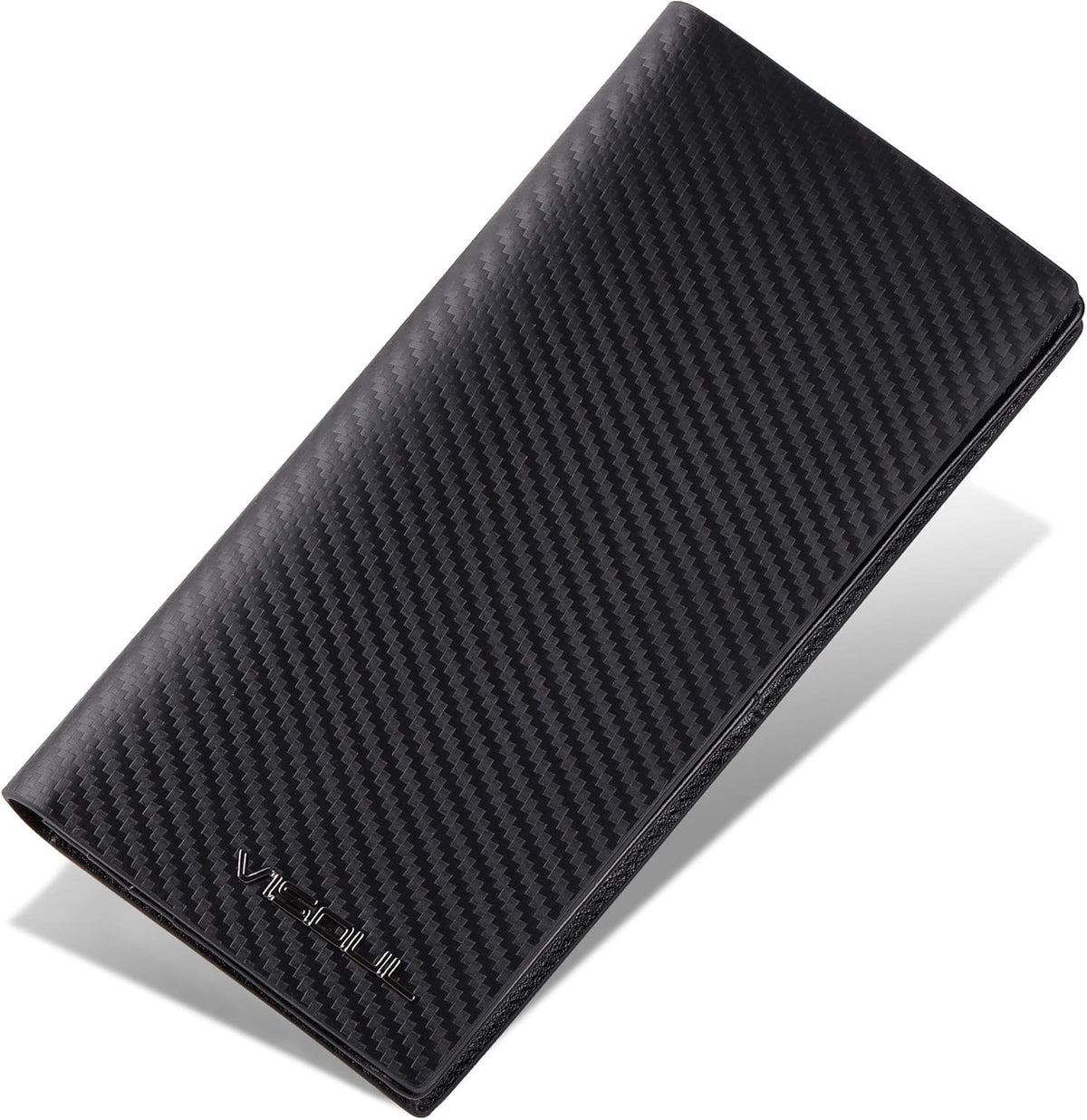 VISOUL Mens Leather Long Checkbook Bifold Wallets with RFID Blocking, Carbon Fiber Leather Tall Wallets for Men (Black+Black)
