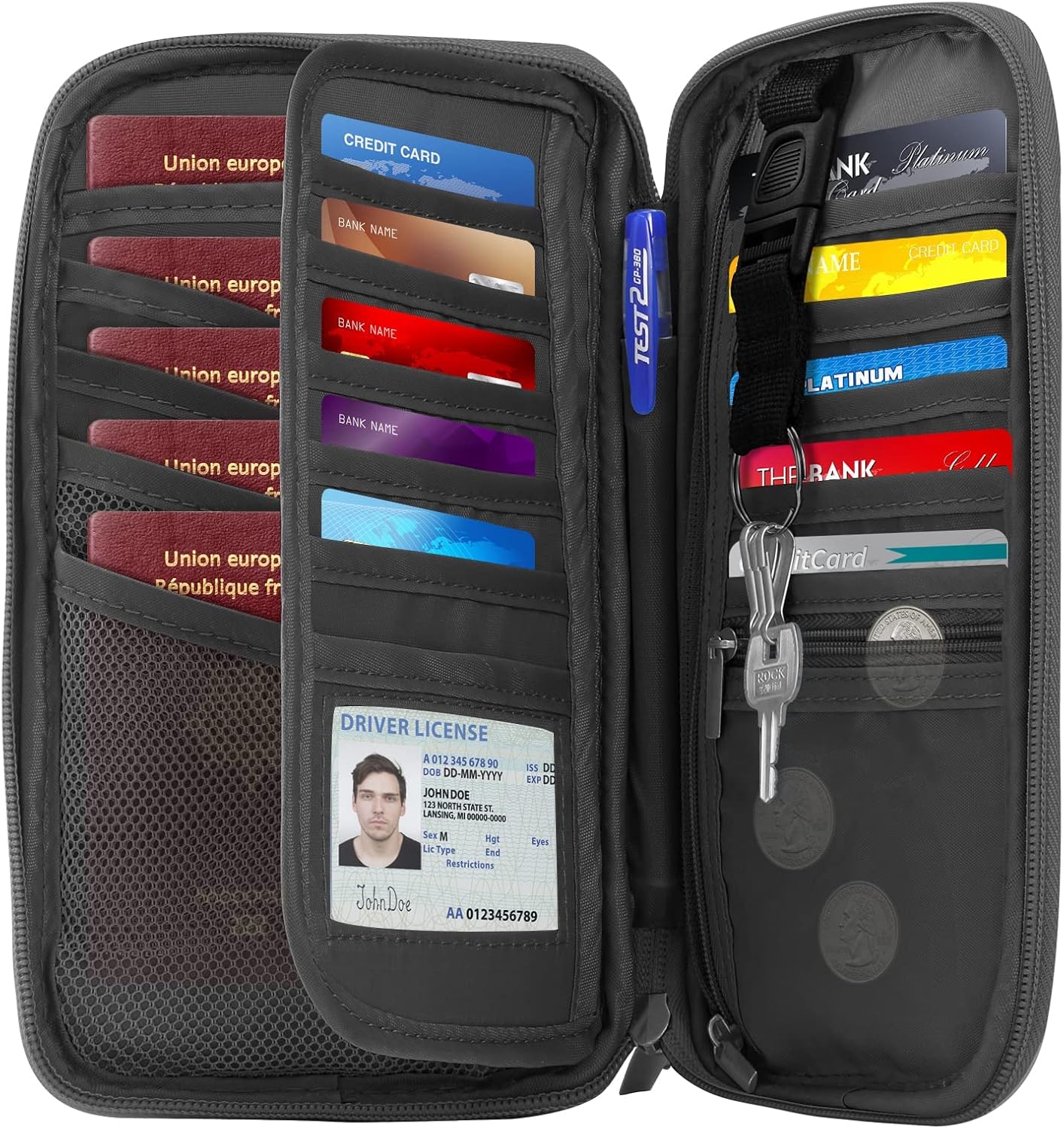 RFID Passport Holder for Family - Large Travel Wallet Holder with Zipper Pocket, Lightweight Portable Document Organizer Passport Card Cover, Blue