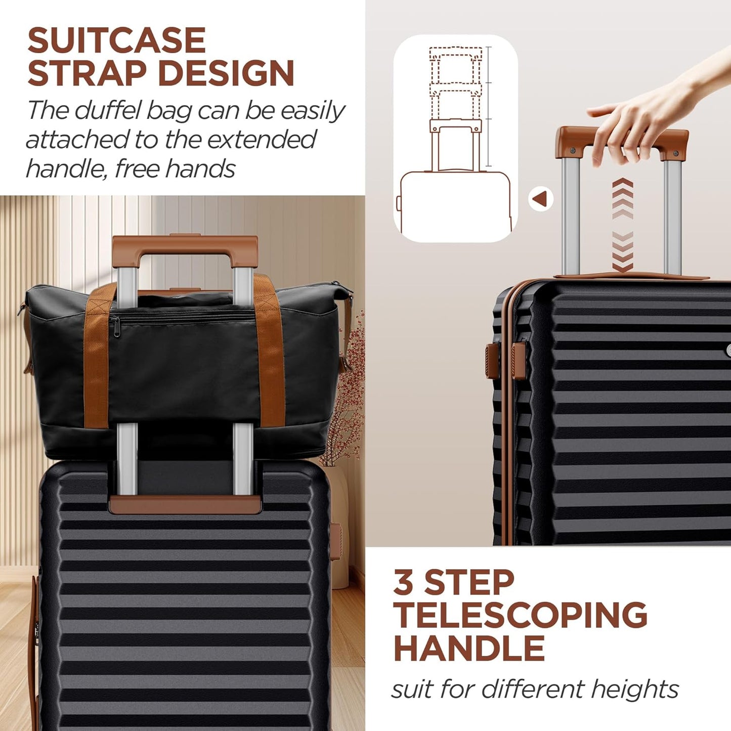 SHOWKOO Carry On Luggage Hardshell Lightweight Luggage Set, Suitcase with Double Spinner Wheels Tsa Lock White 3 piece set Black (DB/TB/20in)