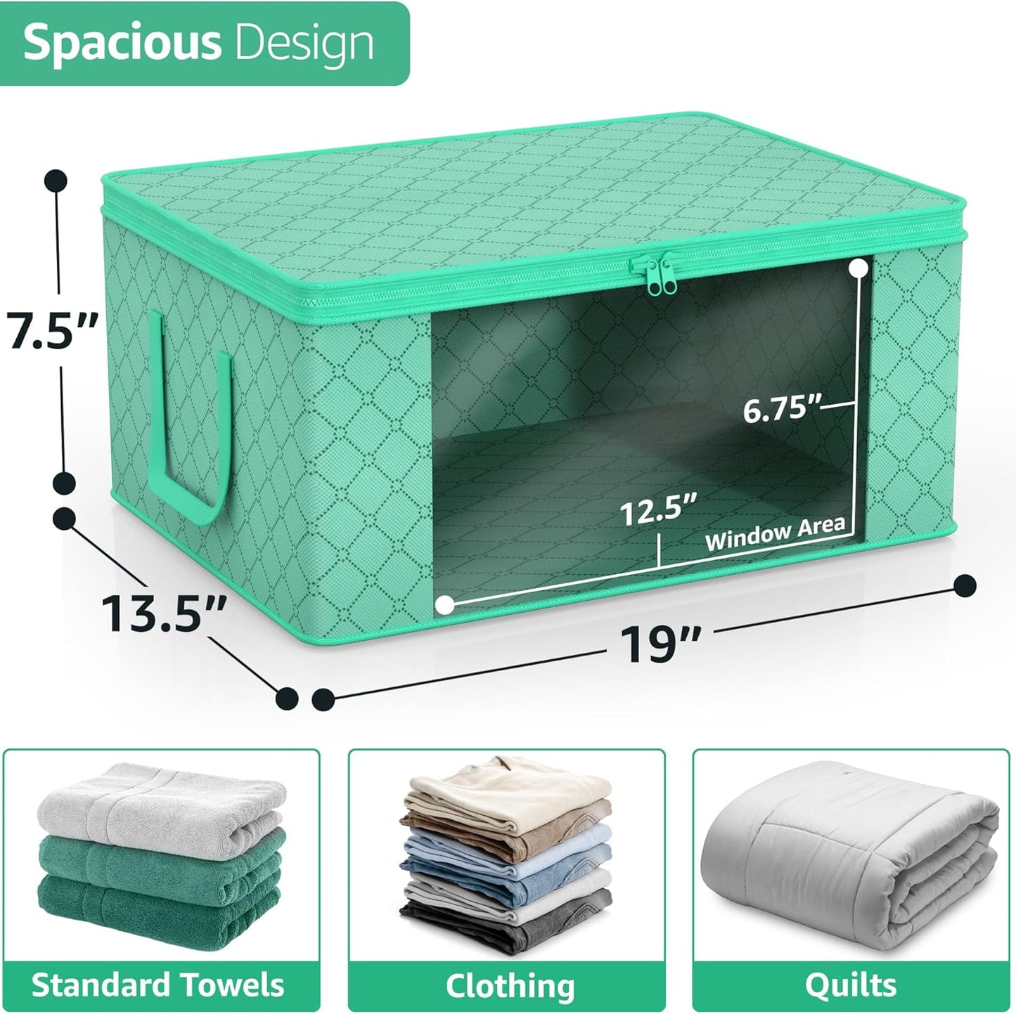 Sorbus Foldable Storage Bag Organizers, Large Clear Window & Carry Handles, Great for Clothes, Blankets, Closets, Bedrooms, and more (3-Pack, Teal)