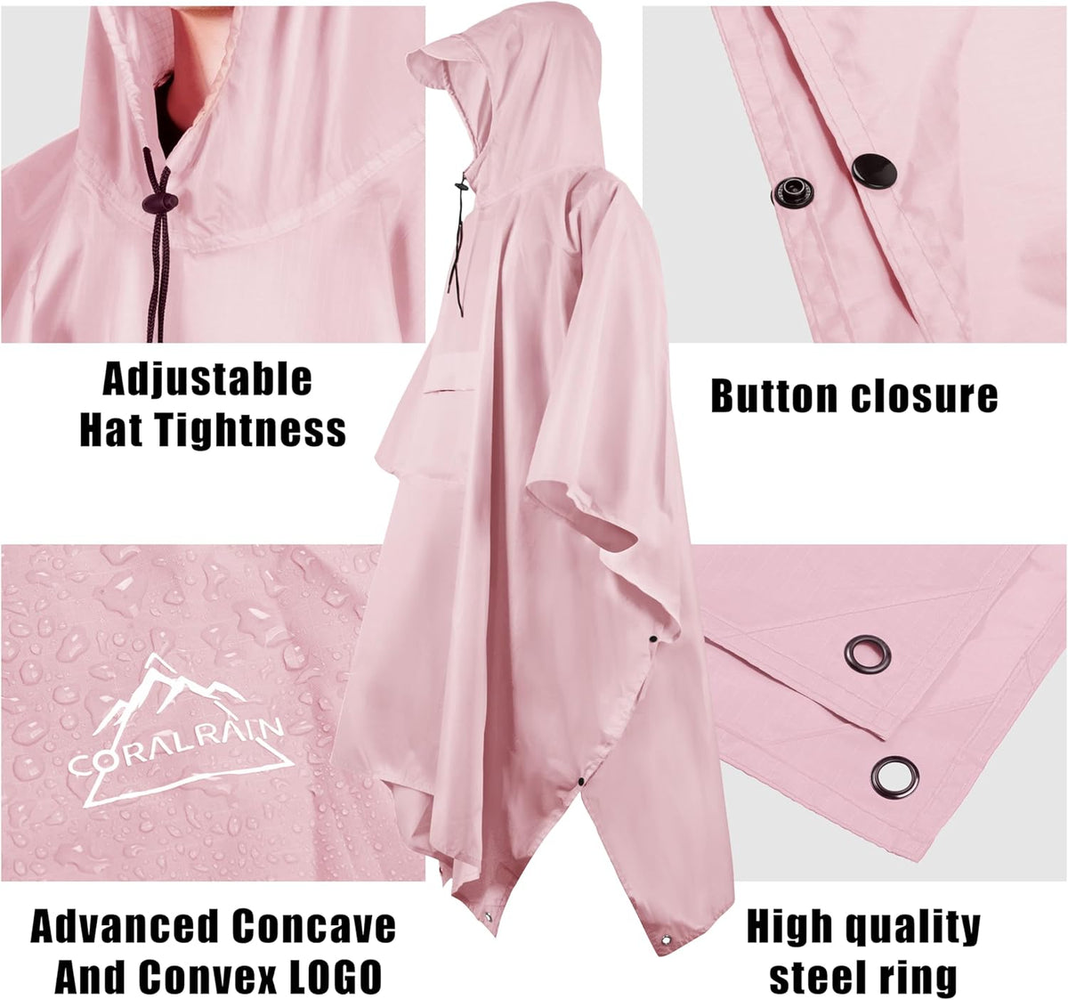 Coralrain Hooded Rain Poncho Lightweight Waterproof Unisex Raincoat Jacket with Pocket for Men Women Adult