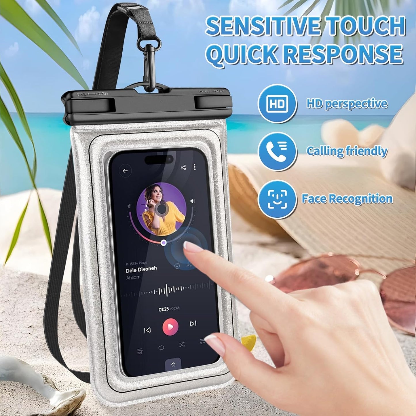 Floating Waterproof Phone Pouch, IPX68 Waterproof Phone Case with Lanyard for iPhone 16 15 14 13 Pro Max Samsung S25 S24 S23 S22, Up to 7", Beach Vacation Essentials, Glitter Silver