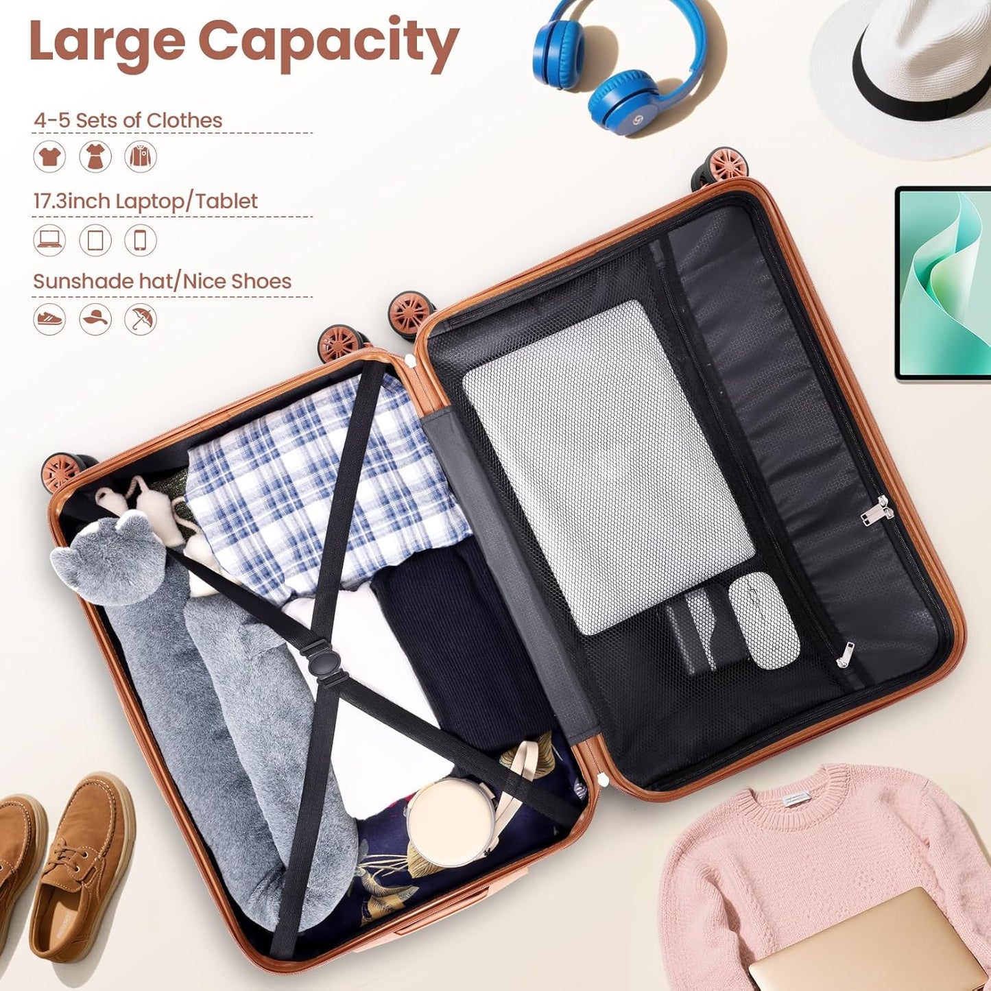 Hoteel 4 Piece Luggage Set (4-YEAR WARRANTY) Carry on ABS+PC Hard Shell Suitcase with Spinner Wheels & TSA Lock (Beige)