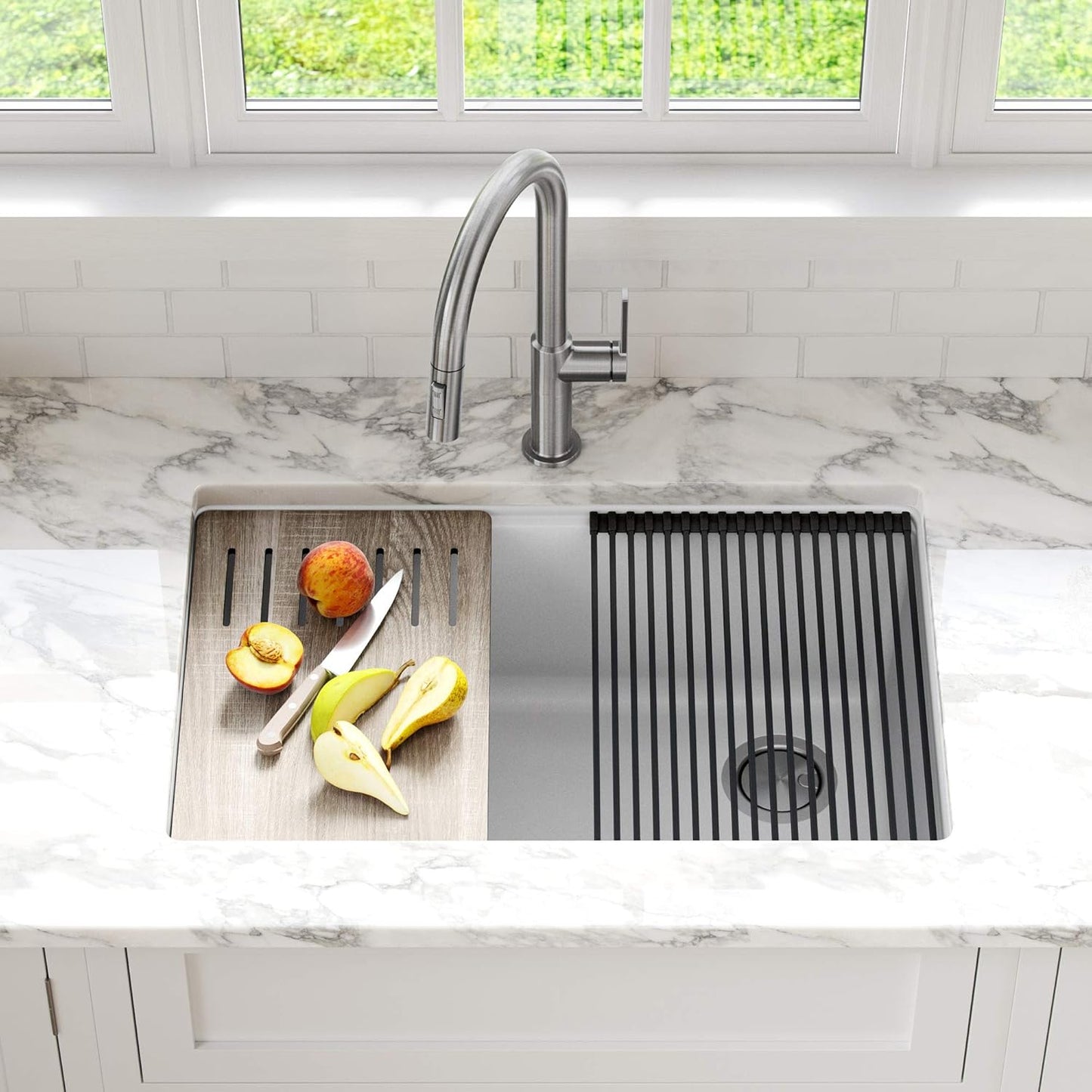 KRAUS Bellucci 30” in. Undermount Workstation Granite Kitchen Sink in White with Accessories, KGUW1-30WH