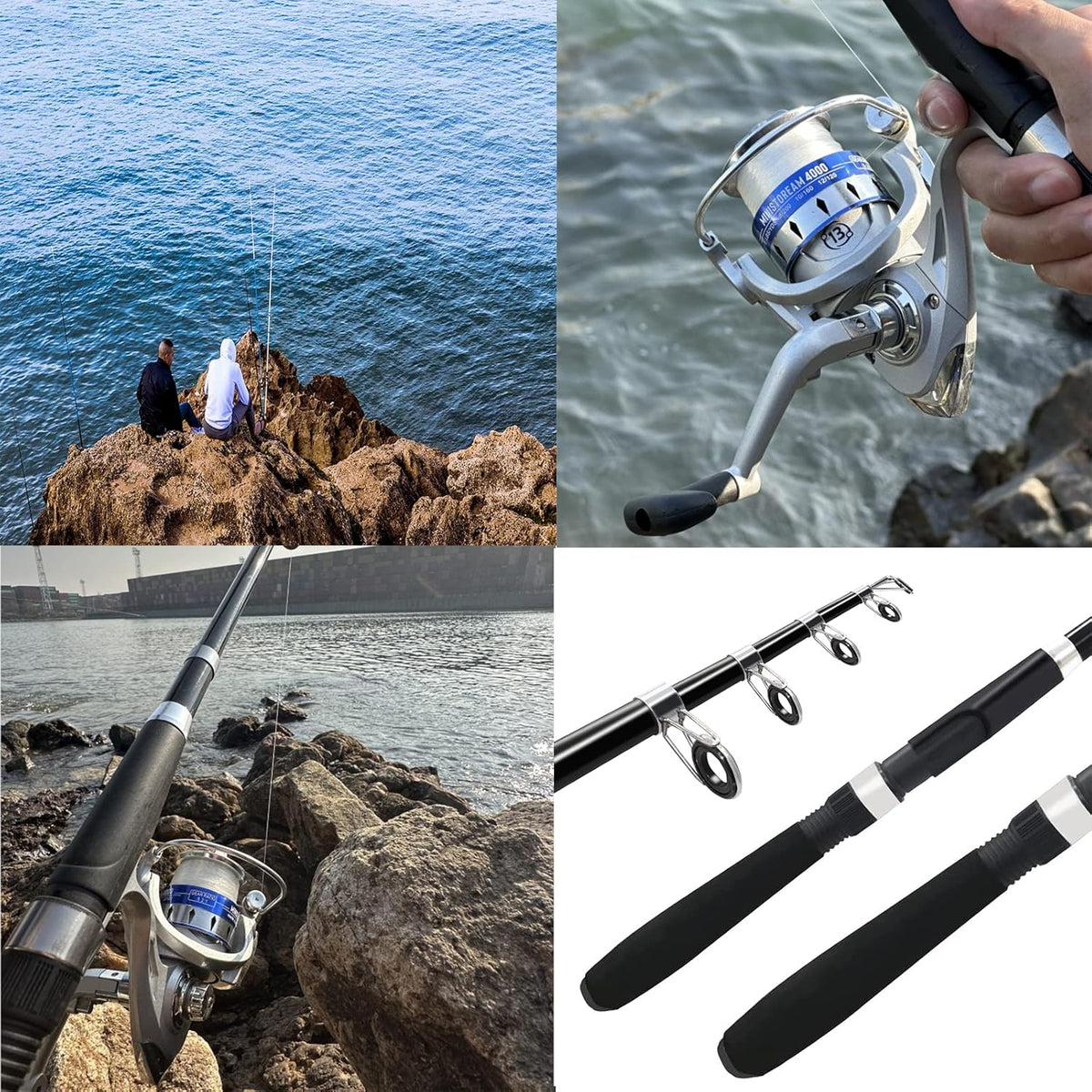 Fishing Pole Combo Set,2.1m/6.89ft 2PCS Collapsible Rods 2PCS Spinning Reels Lures Set Carrier Bag Carbon Fiber Telescopic Fishing Rods Sea Saltwater Freshwater Kit Fishing Rod Reel Combos