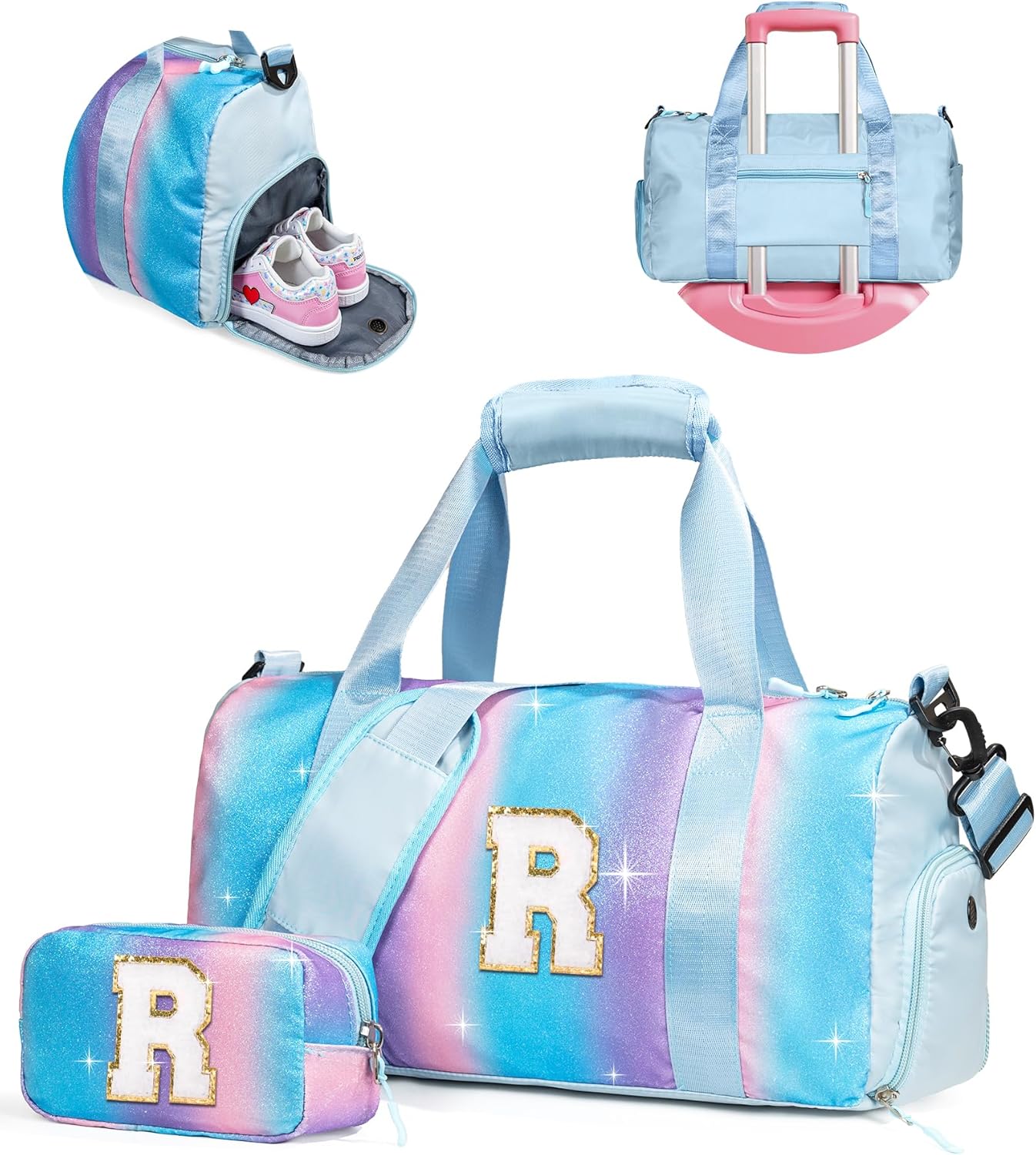 Dance Bag for Girls- Gym Bag with Shoe Compartment, Kid Personalized Weekender Overnight Bags, Initial Travel Tote with Makeup Pouch, Trendy Gift for Girls (Letter R)