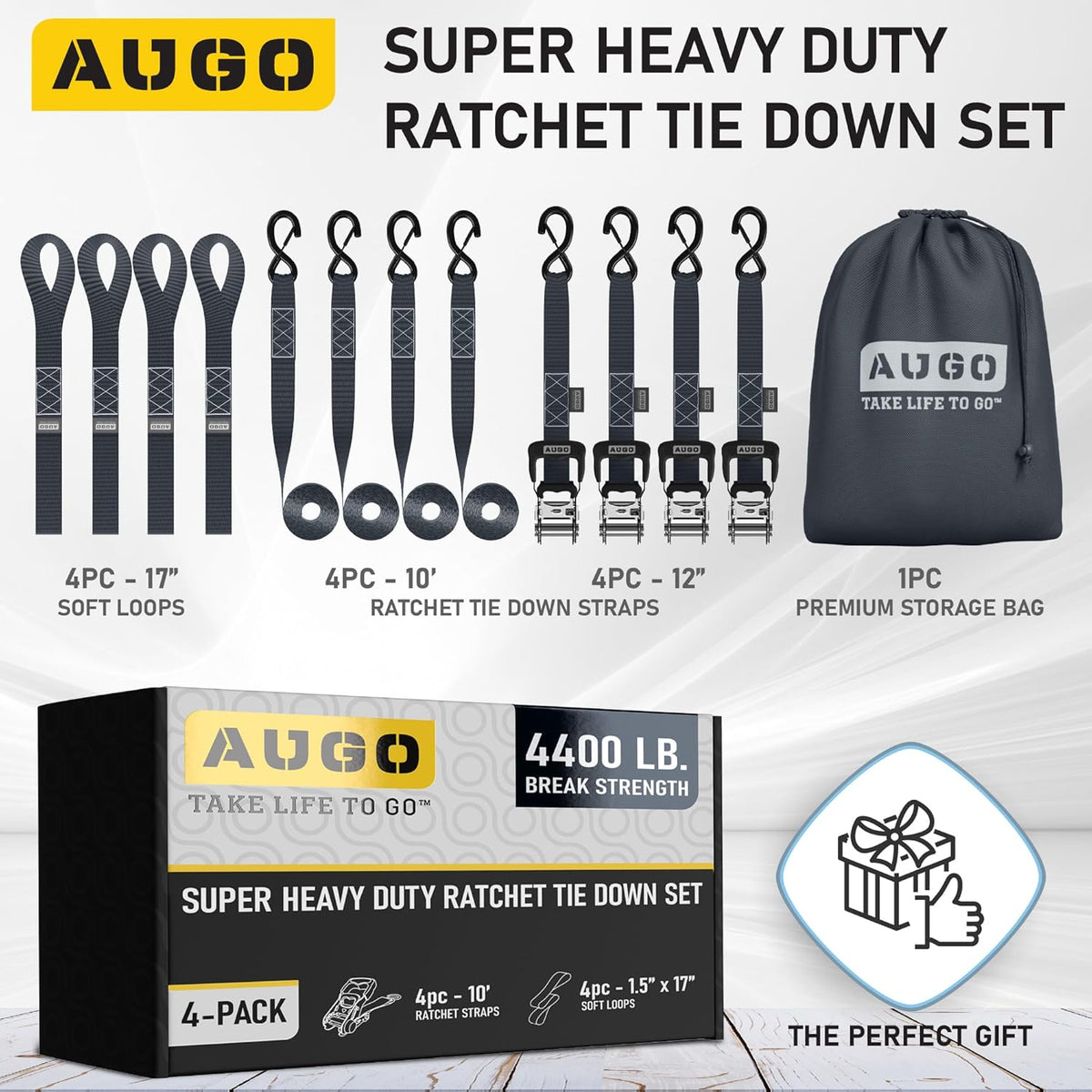 AUGO Heavy Duty Ratchet Straps & Soft Loops – Pack of 4 Extra Strong 1.5” by 10’ Ratchet Straps w/S-Hook Safety Latches & 4 Soft Loop Tie Downs – 4400Lb Break Strength for Motorcycles, ATVs, Etc.