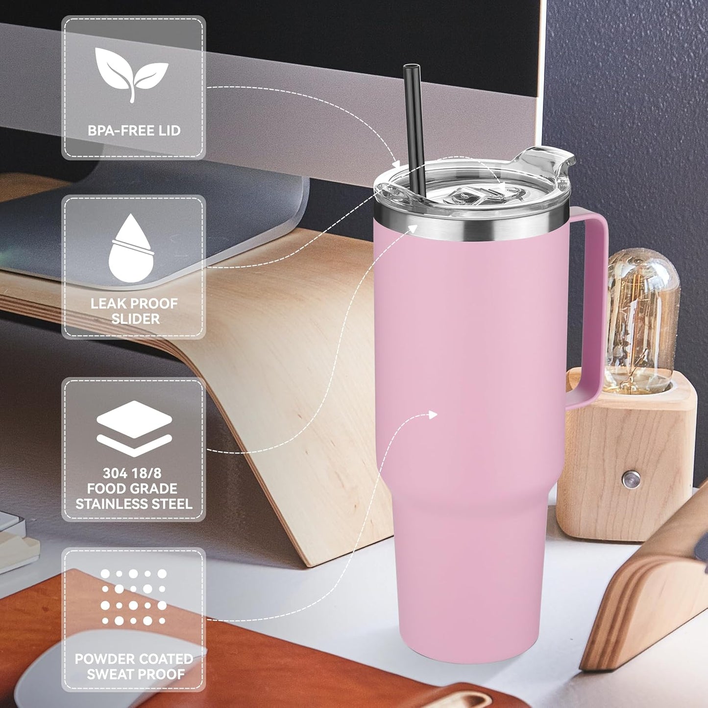 HASLE OUTFITTERS 40 oz Stainless Steel Tumbler with Handle, Vacuum Insulated Tumblers Bulk, Reusable Double Wall Travel Coffee Mug, Durable Powder Coated Water Bottle(Pink, 8)