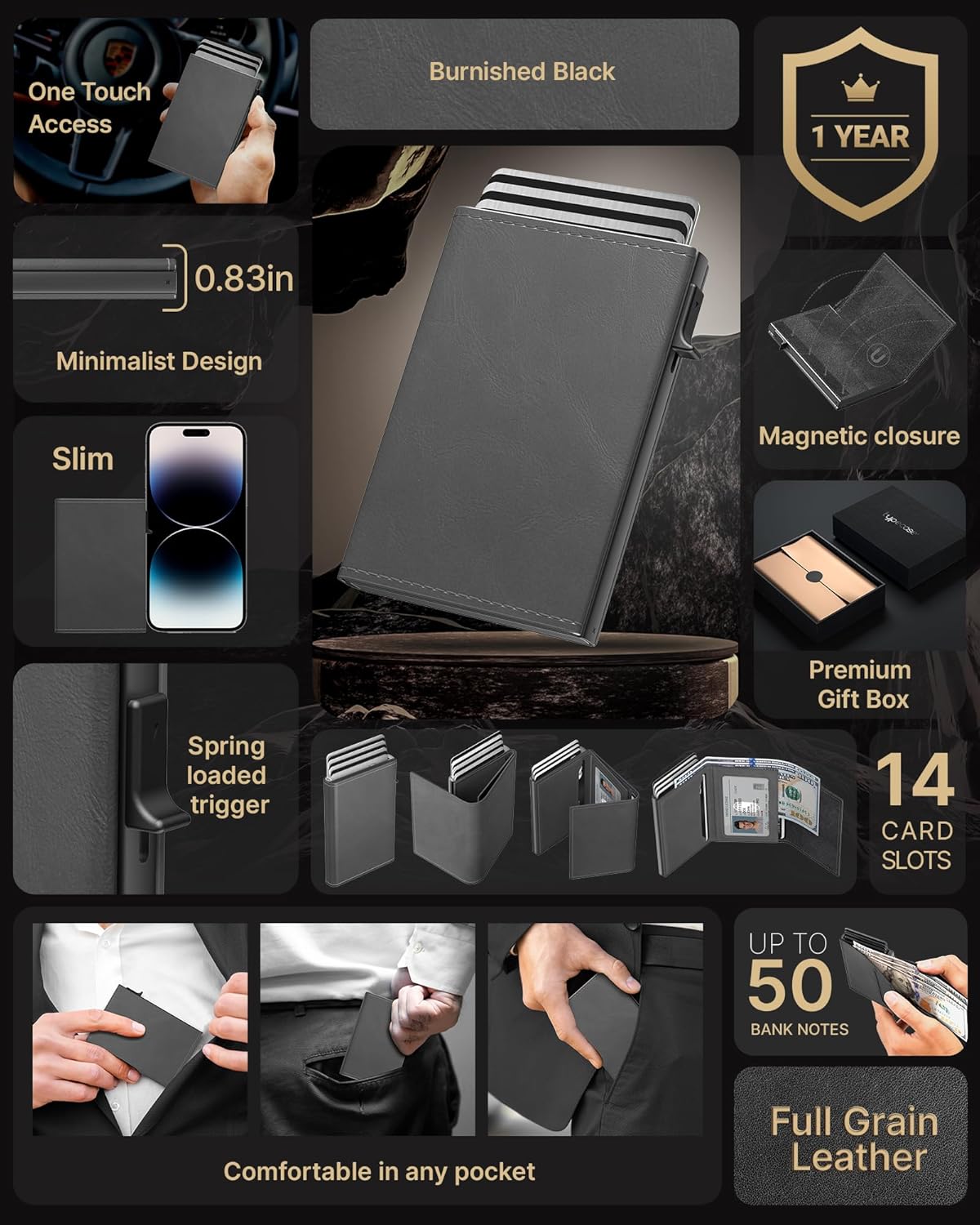 typecase Mens Wallet Card Holder: Pop Up Aluminum Case, Carbon Fiber Leather, Smart, RFID Blocking, Slim, Minimalist, Front Pocket - 9-14 Card Capacity | ID Window | Cash Slot(Grey)