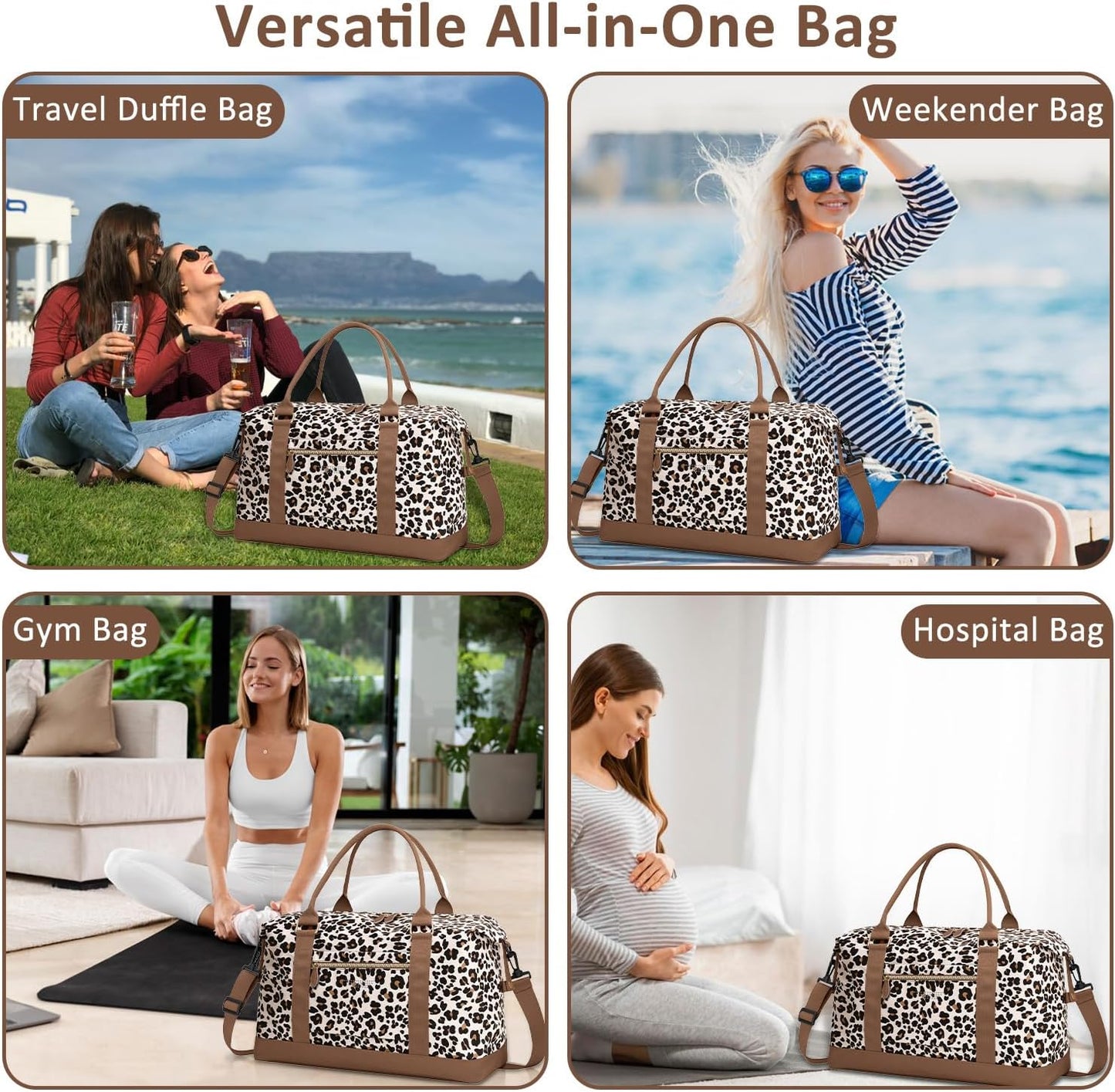 Travel Duffle Bag for Women, Weekender Bags, Hospital Bag for Labor Delivery, Lightweight Tote Duffel Overnight Bag with Luggage Sleeve, Airplane Travel Bags with Toiletry Bag,Large,Leopard