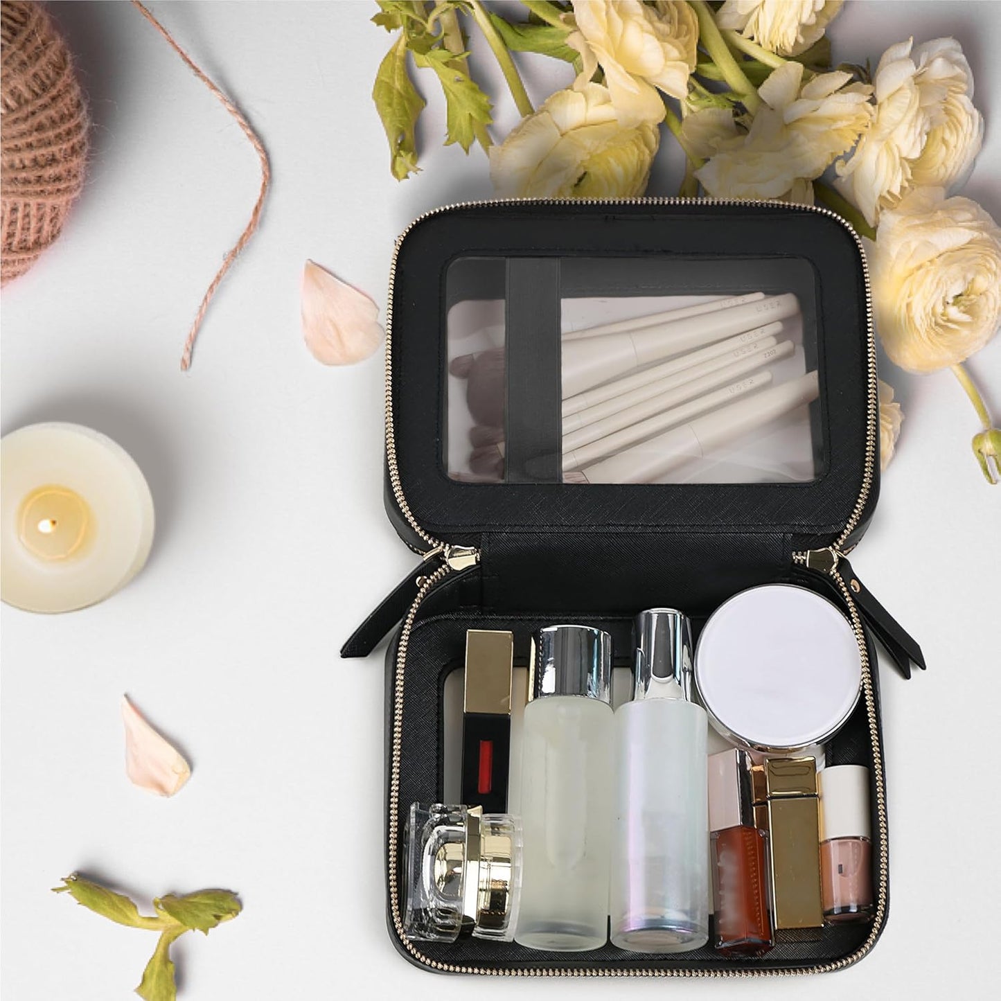Prite Clear Makeup Bags Double Layer Cosmetic Bags with a Separate Brush Compartment Travel Makeup Bag for Women Travel Accessories Organizer for Purse(Black)