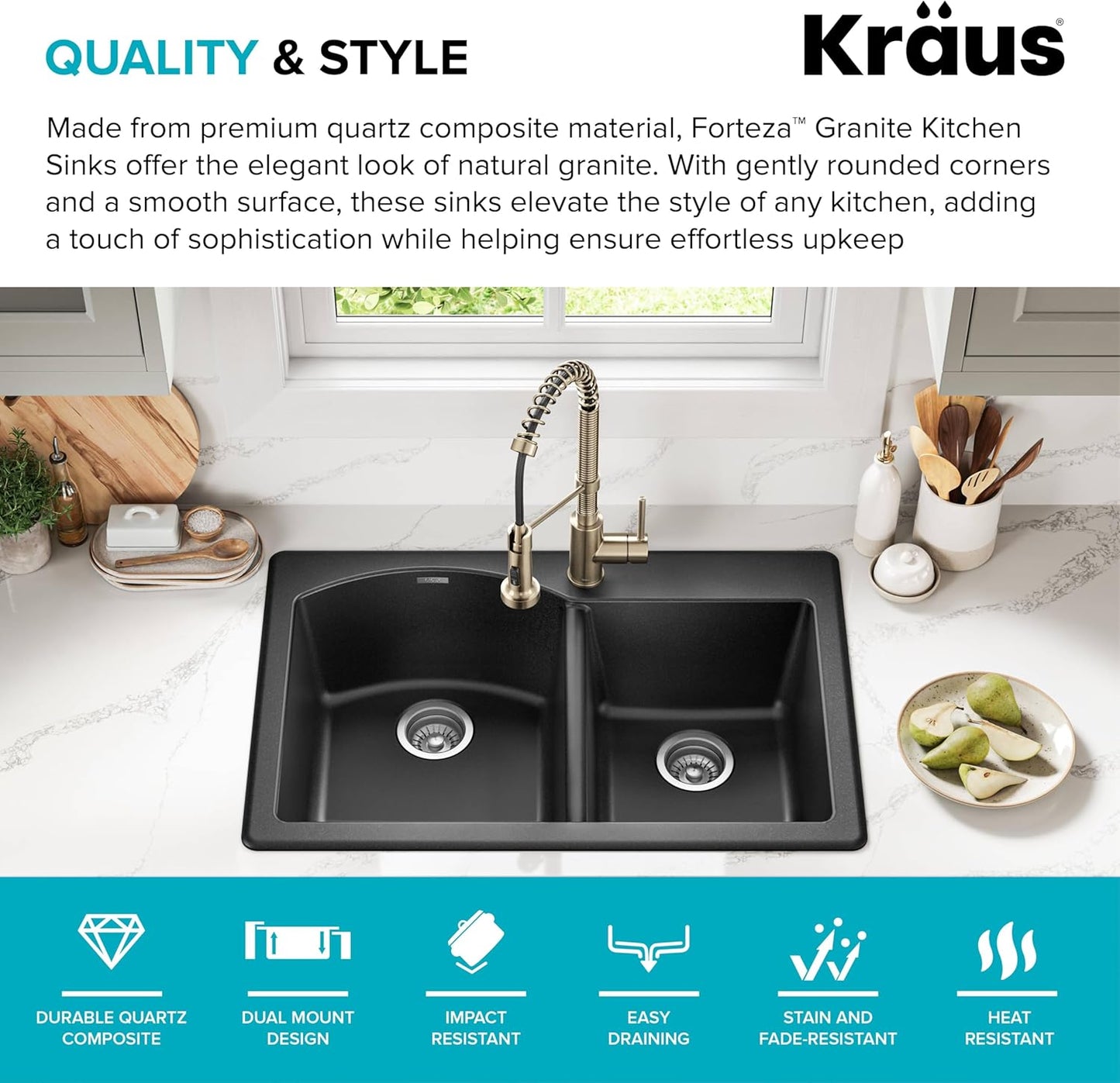 KRAUS Forteza 33-inch Drop In/Undermount 60/40 Double Bowl Granite Kitchen Sink in Black, KGD-50BLACK