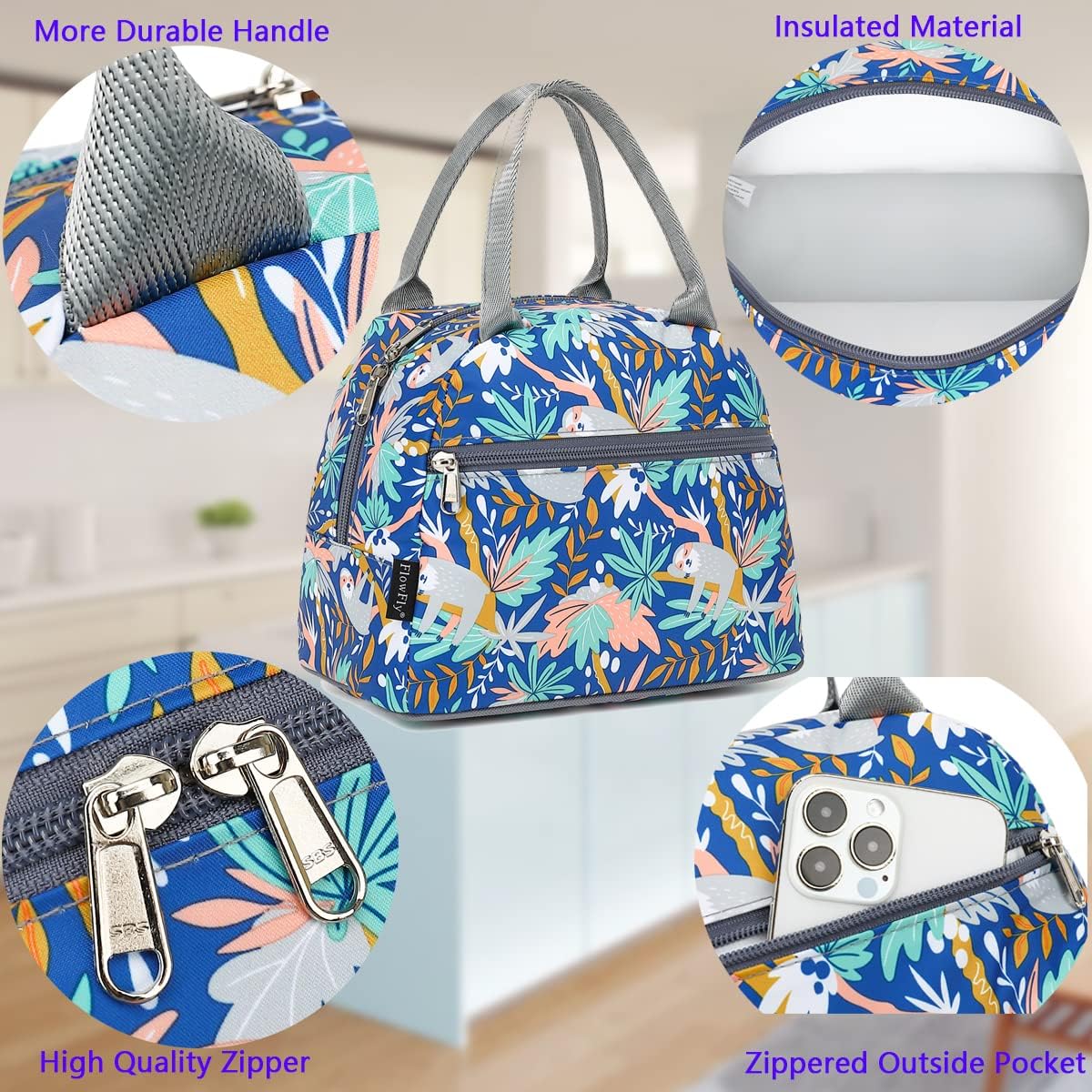 FlowFly Insulated Lunch Cooler Bag - Tote Bag Organizer for Women/Men, Sloth