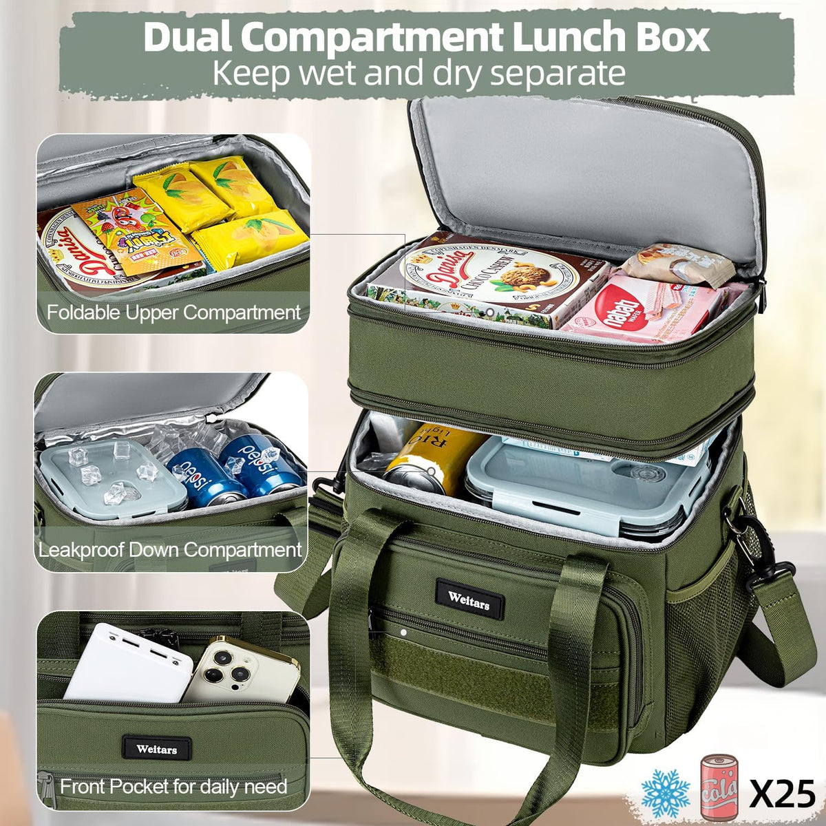 Weitars Tactical Lunch Box, Insulated Lunch Box, Large Expandable Heavy Duty Lunch Boxes for Men Women Durable Waterproof Leakproof Lunch Cooler Bag for Adults Work Outdoor Picnic Camping