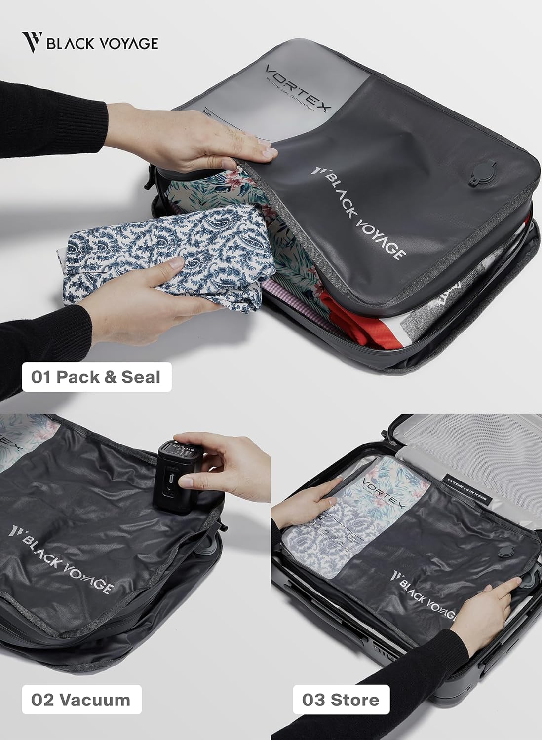 Black Voyage Reusable Vacuum Compression Travel Bag for Carry-On Suitcase and Backpack, Recycled IP67 Waterproof Space Saver Airback (2-Pack, 21L - No Pump)