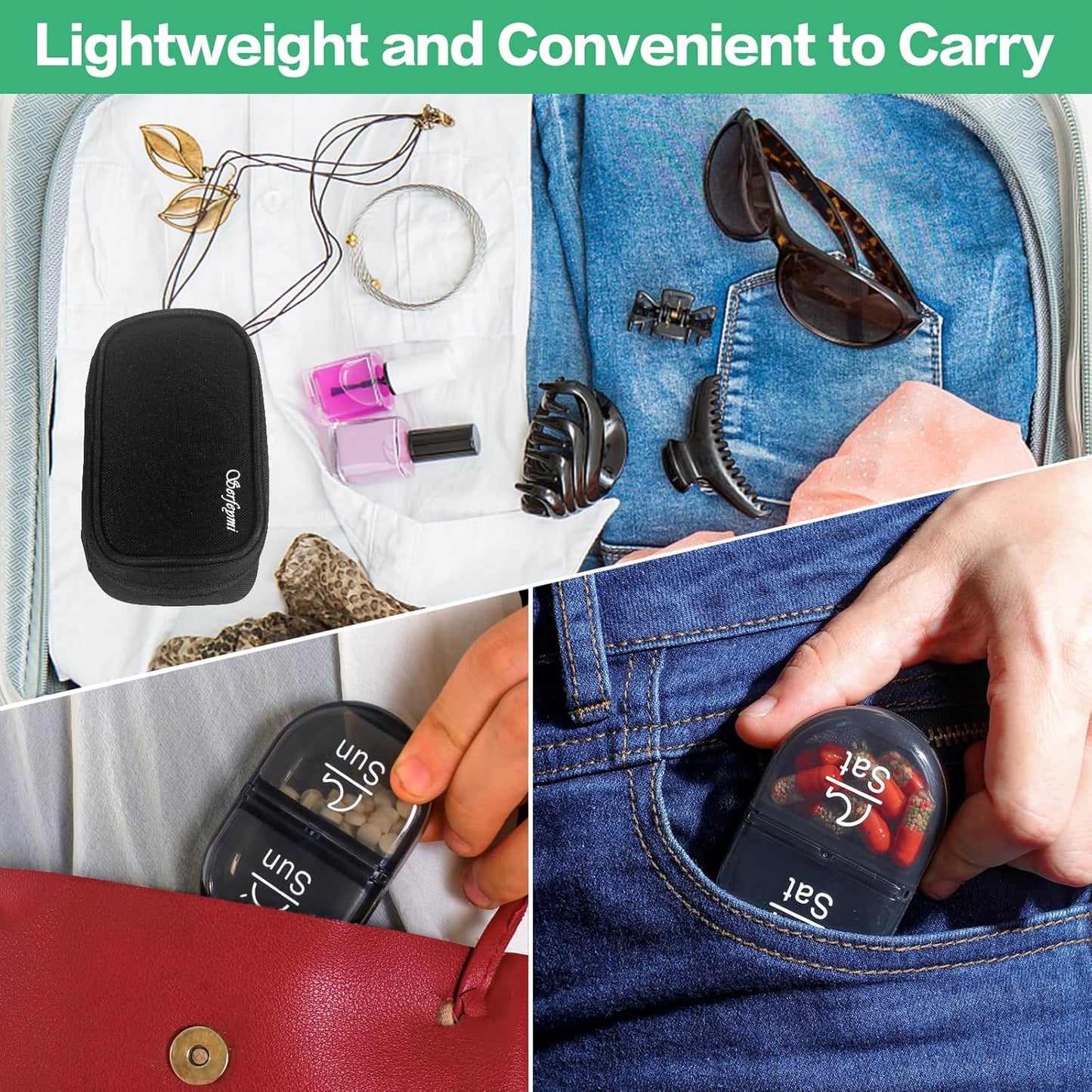 Serfeymi Weekly Travel Pill Organizer 2 Times A Day AM PM Upgraded Black Pill Box 7 Day with Portable Zipper Canvas Pill Case, Medicine Organizer for Pills, Vitamins, Supplements, Fish Oils - Black 01
