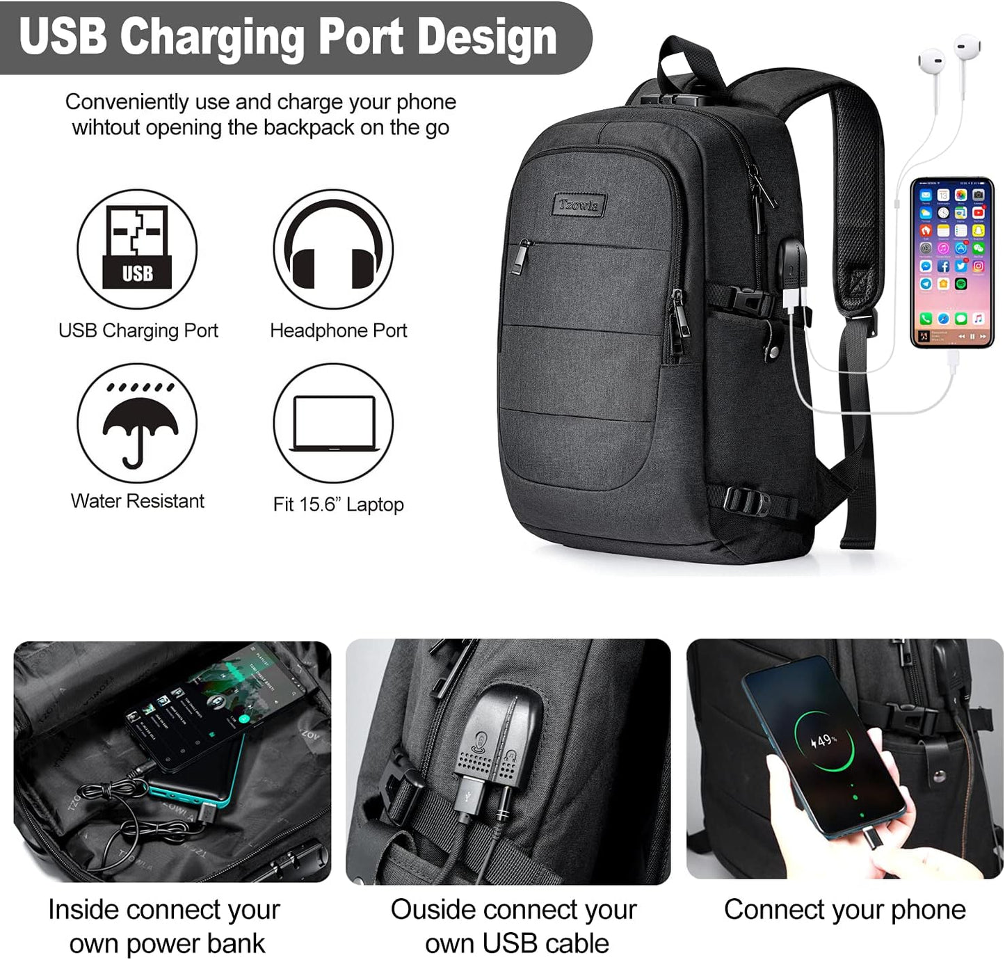 Tzowla Travel Laptop Backpack Water Resistant Anti-Theft Bag with USB Charging Port and Lock 15.6 Inch Computer Business Backpacks for Women Men Work College Gift,Casual Daypack