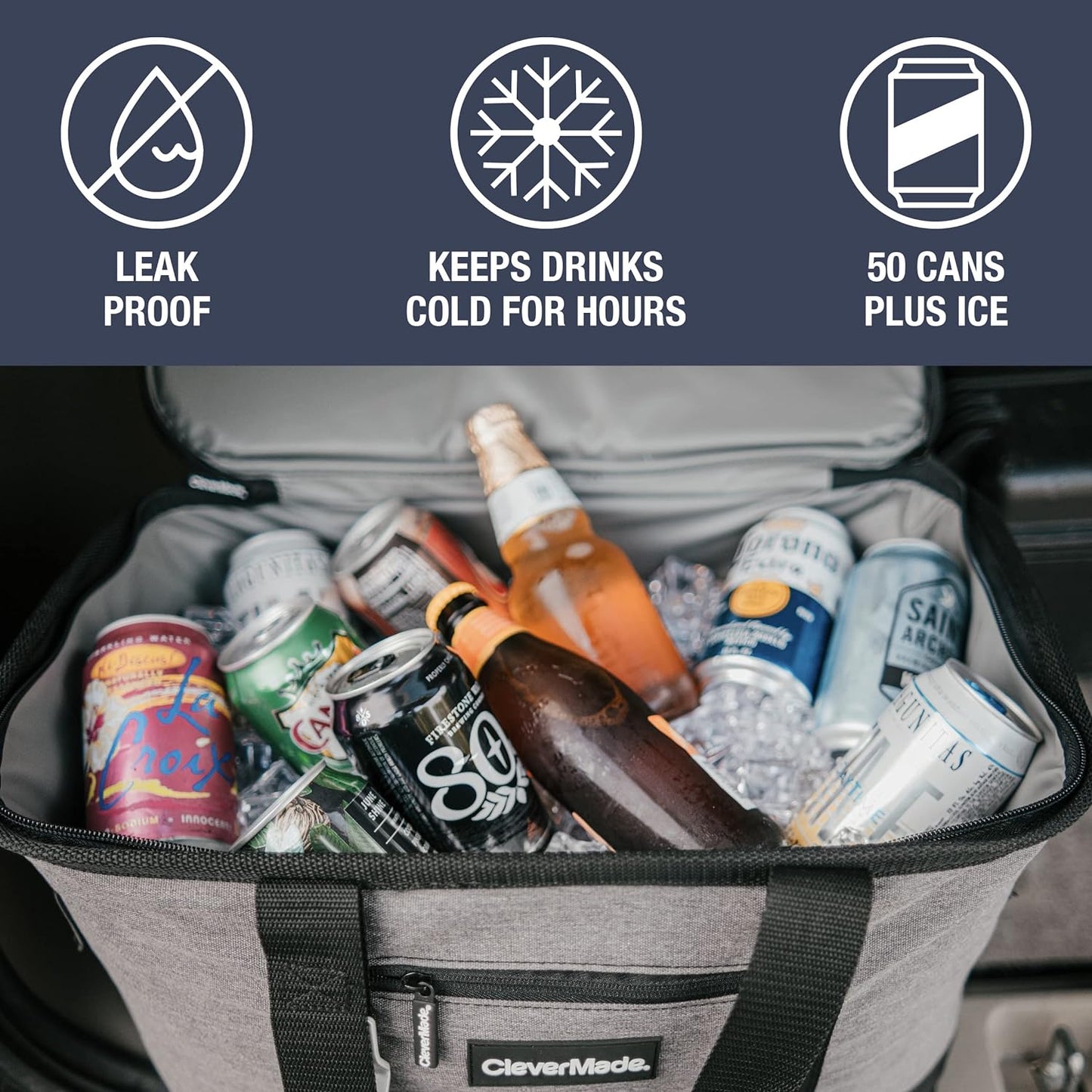 CleverMade Collapsible Insulated Cooler Bag – Leakproof Soft Folding Cooler for Beach, Travel, Car