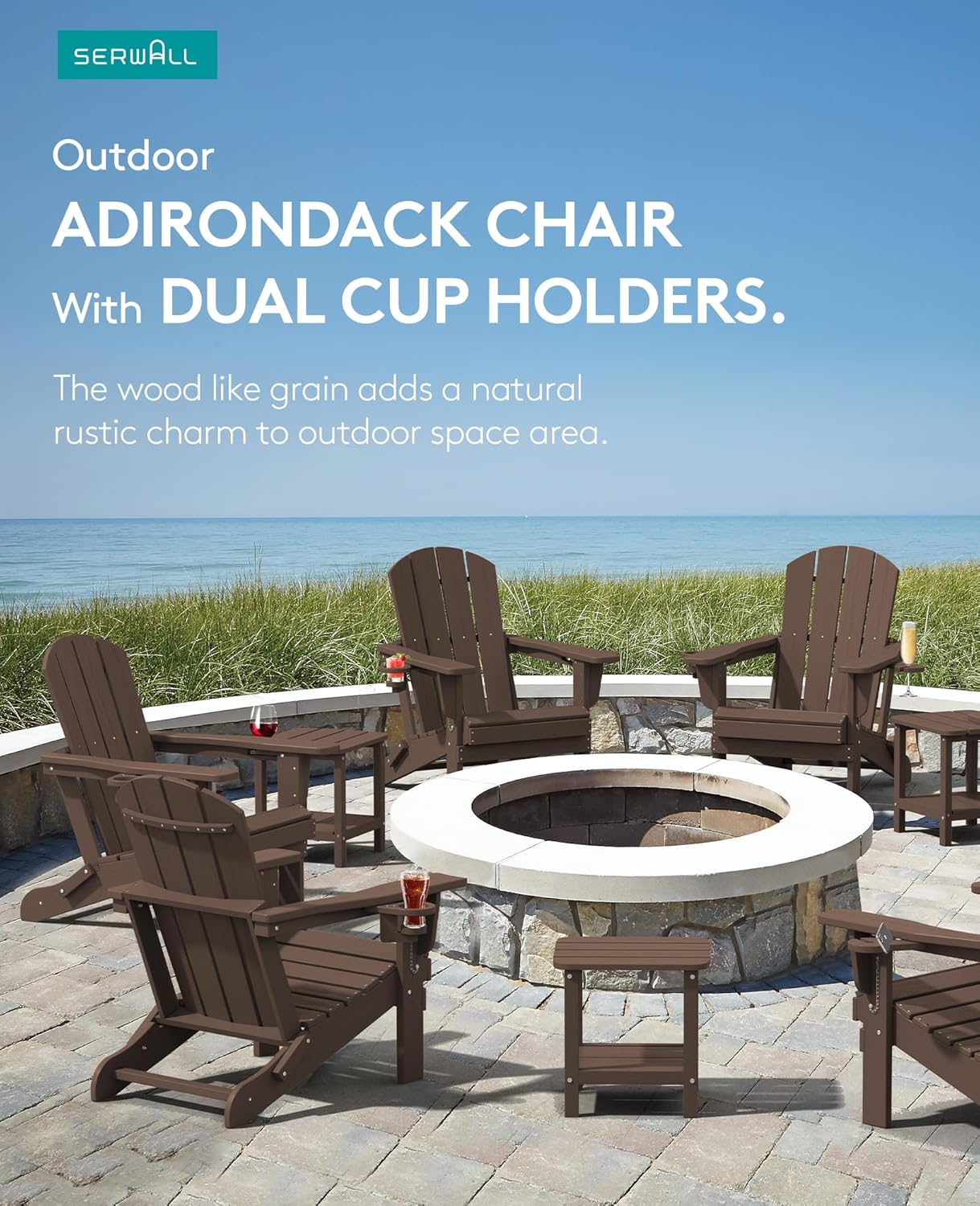 SERWALL Adirondack Chair with Cup Holders - Composite Adirondack Chairs Set of 2 HDPE Outdoor Chairs All Weather Use- Coffee