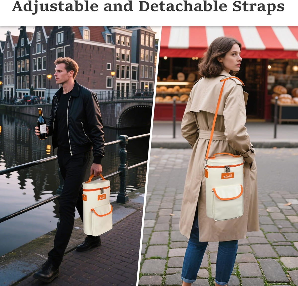 Tirrinia 2 Bottle Wine Gift Tote Carrier - Leakproof & Insulated with large pockets Wine Cooler Bag for Travel, Wine Tasting, Party, Dinner, Great Gift for Wine Lover,White Orange