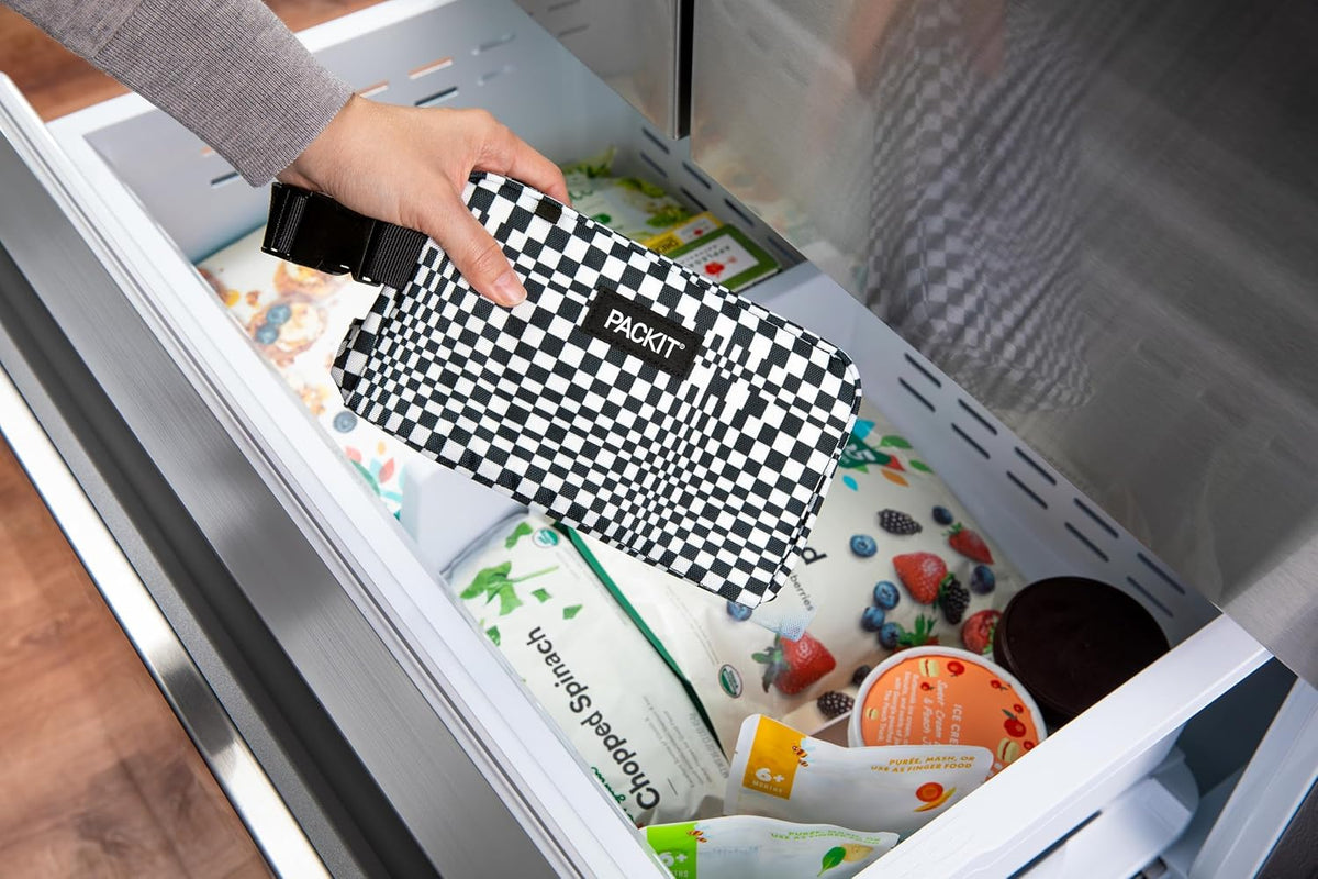 PackIt® Freezable Snack Box, Checked Out, Built with ECOFREEZE Technology, Collapsible, Reusable, Zip Closure with Buckle Handle, Designed For Work Snacks, Fresh Snacks On the Go, Adults, and All Ages