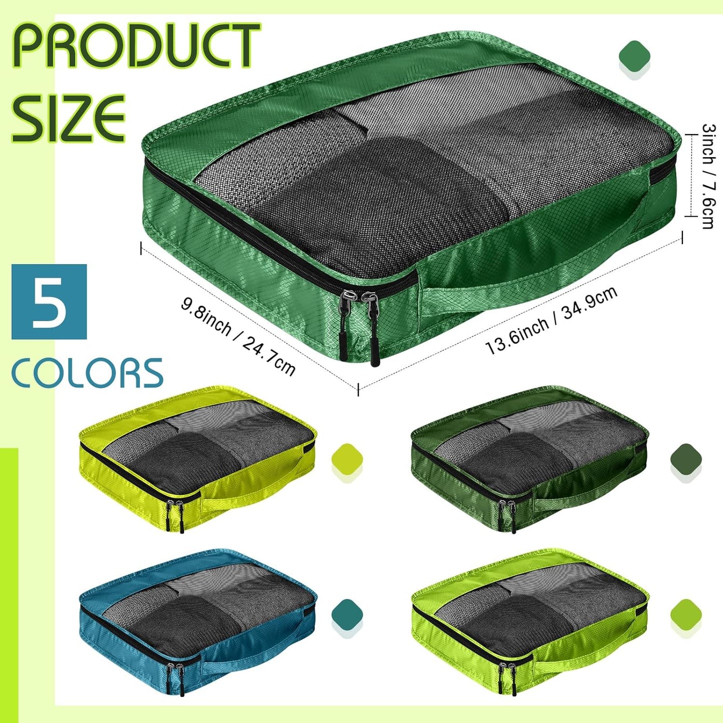 5 Pcs Packing Cubes for Suitcase Large Travel Cubes Carry on Luggage Organizer Bags for Clothes Accessories(S,Green)