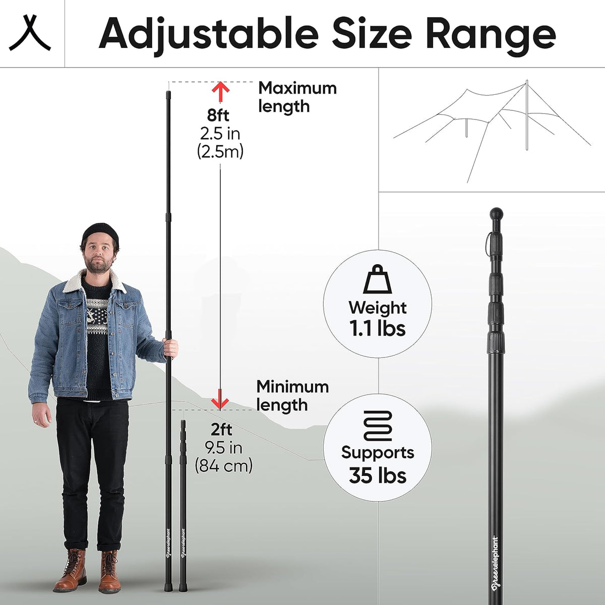 Green Elephant Camping Tarp Poles - Adjustable Aluminum Telescoping Tent Poles for Tarps, Canopy & Awning - Heavy Duty Collapsible Pole Set of 4 - Extends 8ft, Shrinks to 2ft - Caravan & Beach Shade