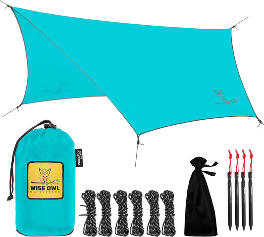 Wise Owl Outfitters Hammock Rain Fly – Waterproof Camping Tarp Cover with Tent Stakes & Carry Bag, Ultralight Shelter for Backpacking & Outdoor Shade
