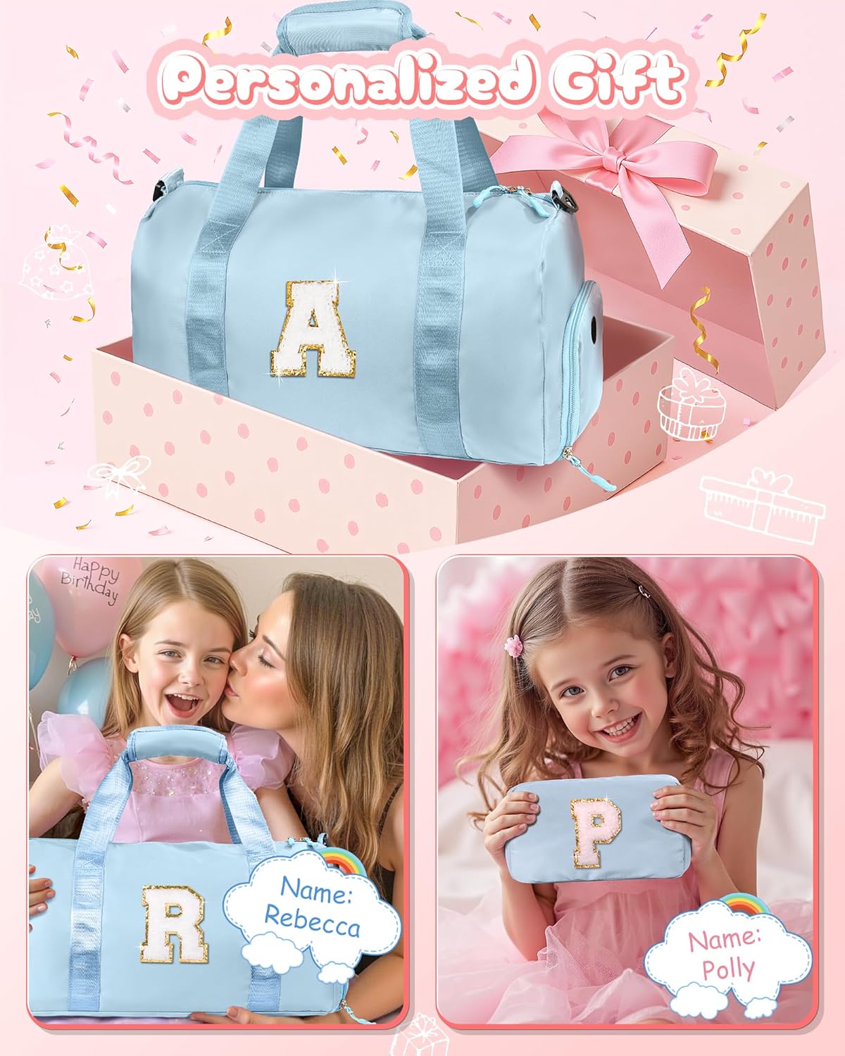 Gifts for 3 4 5 6 7 8 9 Year Old Girls-Girl Gym Bag with Shoe Compartment, Kid Personalized Weekender Dance Bags, Initial Travel Tote with Makeup Pouch, Easter Gift for Teen (Letter C)